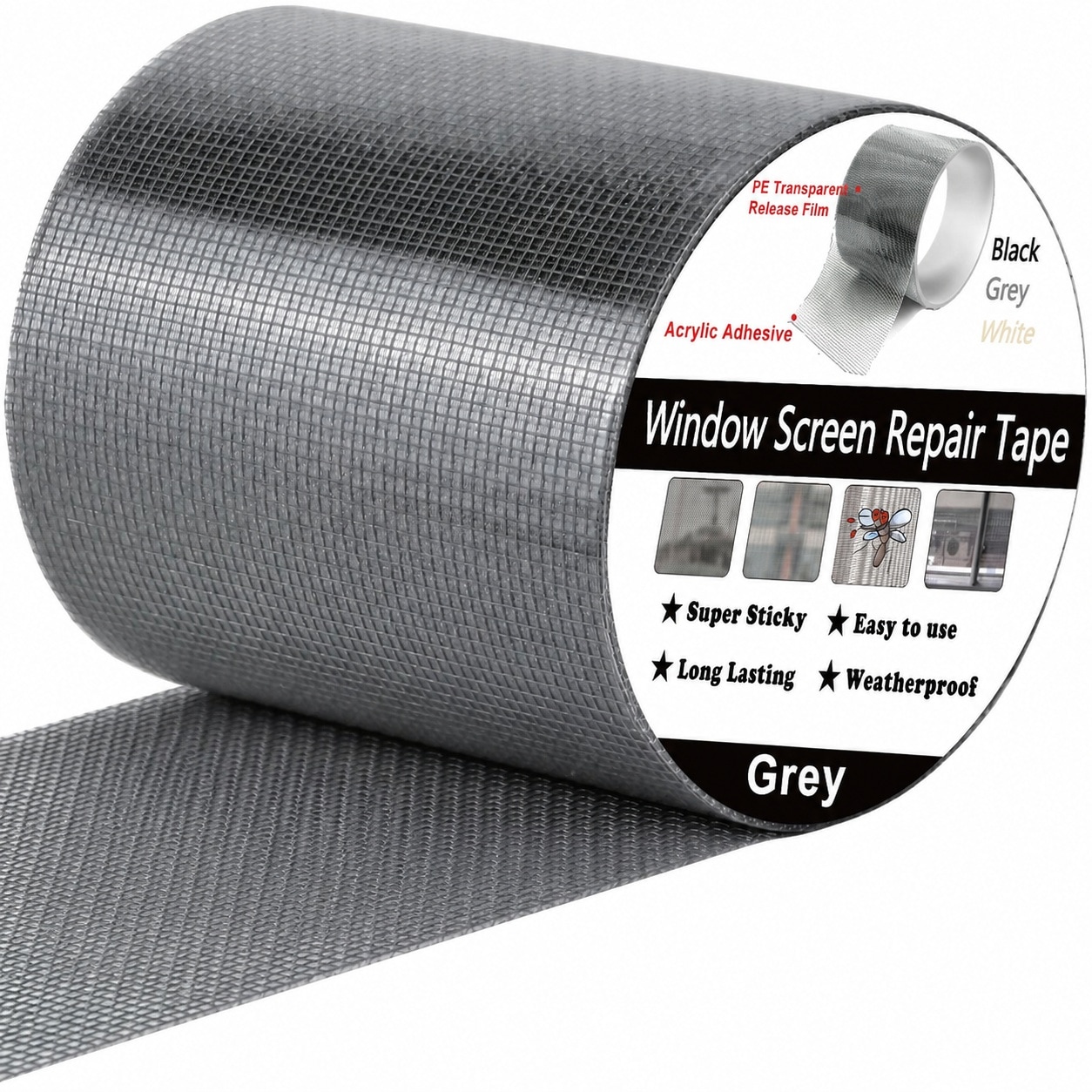 Aoibox  2 in x 40 ft Gray Fiberglass Screen Repair Tape with 3 Layer Adhesive for Window and Door Screen Patch