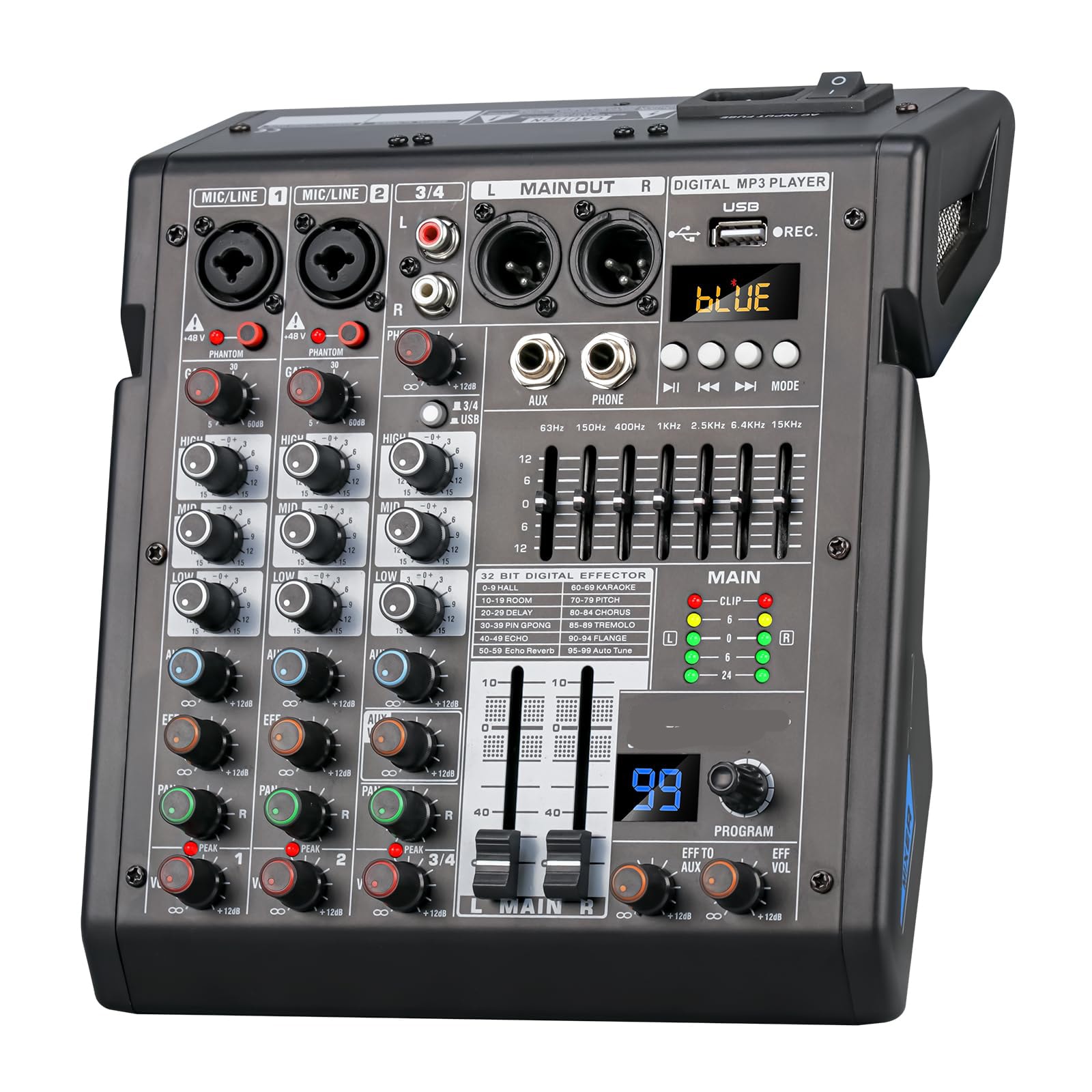 Etokfoks  four channel sound board mixing console with 99 DSP processor seven band EQ USB soundcard computer input and 48V phantom power
