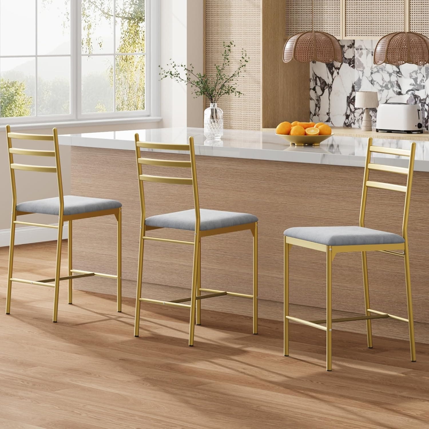 Qeetex LHF-YZ-PHO-34HMBYA9 Bar Stools Set of 2 - Faux Leather Bar Chair with Back - Thick Cushion - Upholstered Counter Height Bar Stools with Footrest for Kitchen Island - Counter Bar - Gold