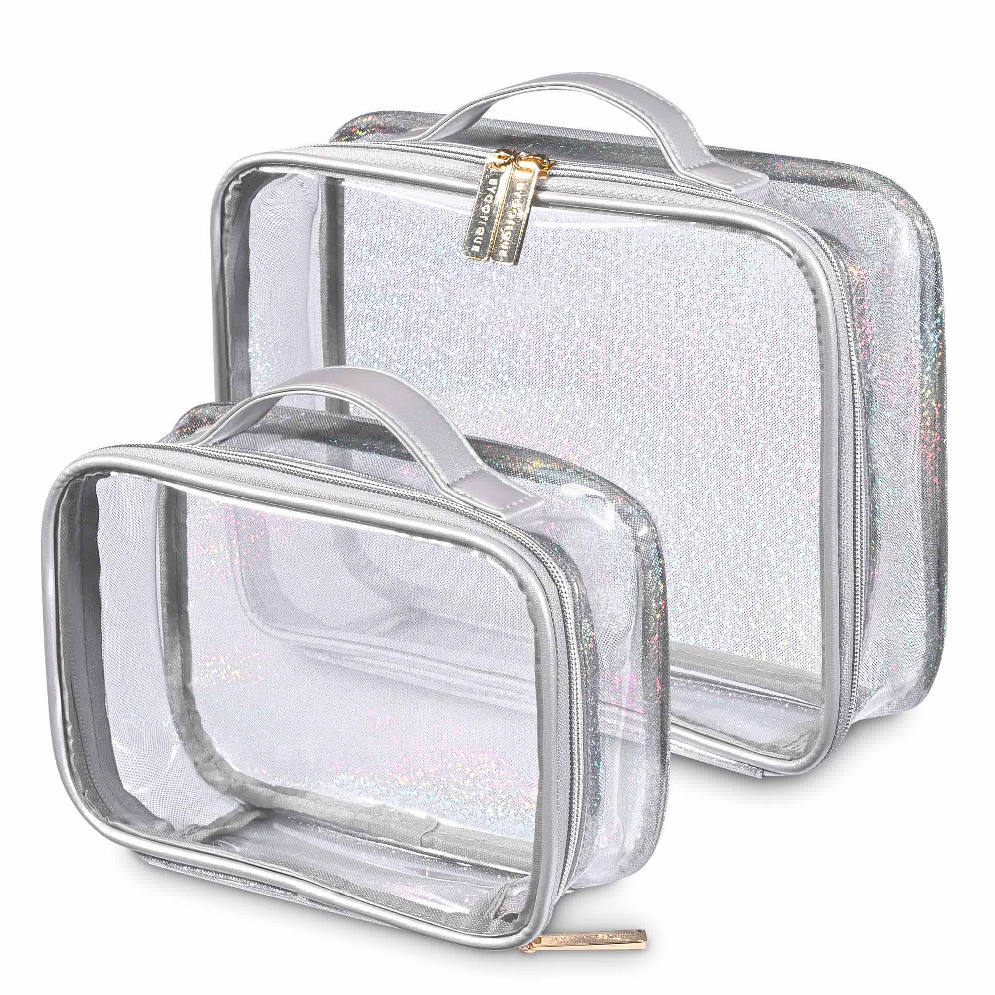 Yescom 12MKC094-CLRE-S11-LO Byootique Set of 2 Clear Makeup Bag Cosmetic Organizer Travel Toiletry Pouch Handle Zipper for Makeup Artist Silver