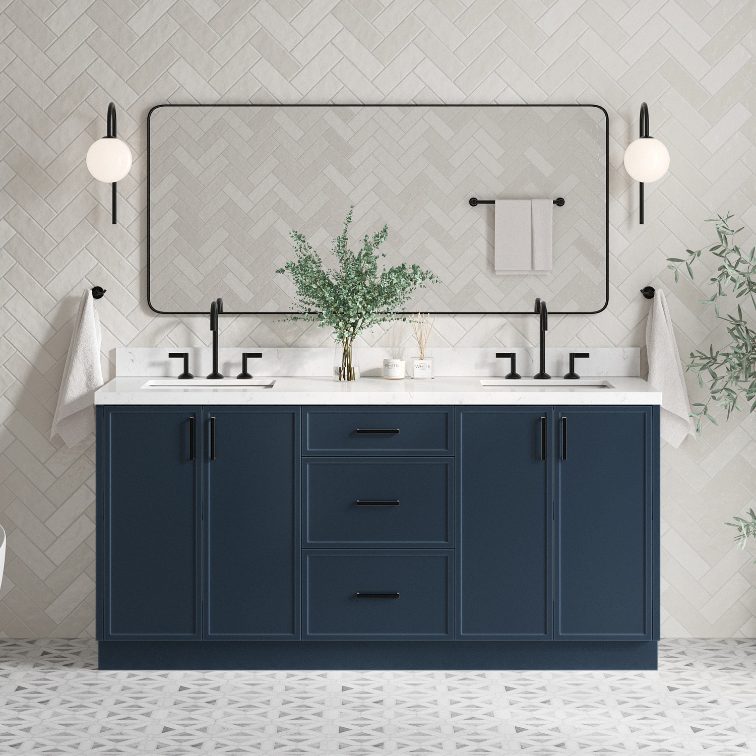 ARIEL K72DCQRVOMNB Kelly 72-in Midnight Blue Undermount Double Sink Bathroom Vanity with Carrara White Quartz Quartz Top