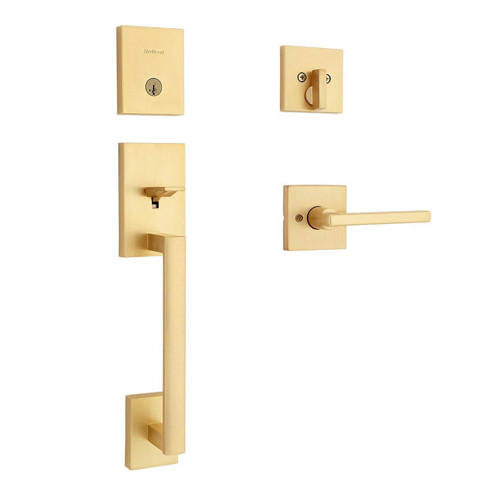 Kwikset 98180-031 Signature San Clemente Satin Brass Single-Cylinder Deadbolt Keyed entry door handleset with Halifax Lever and SmartKey