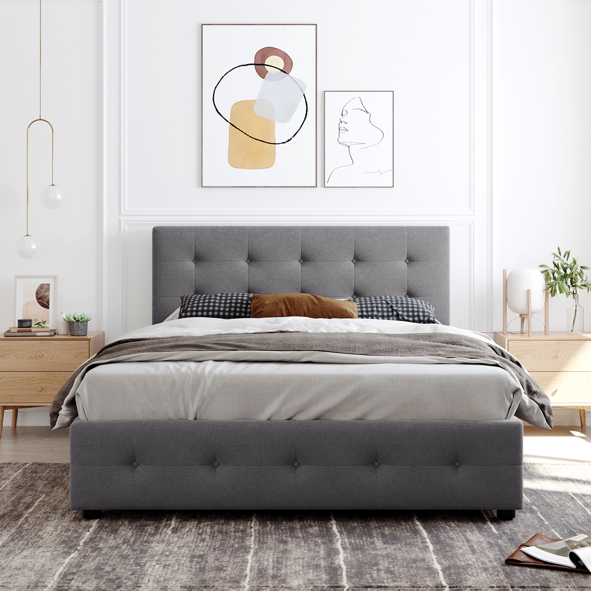 JIMSMAISON JMLFFB221LG Light Gray Queen Wood Upholstered Bed with Storage