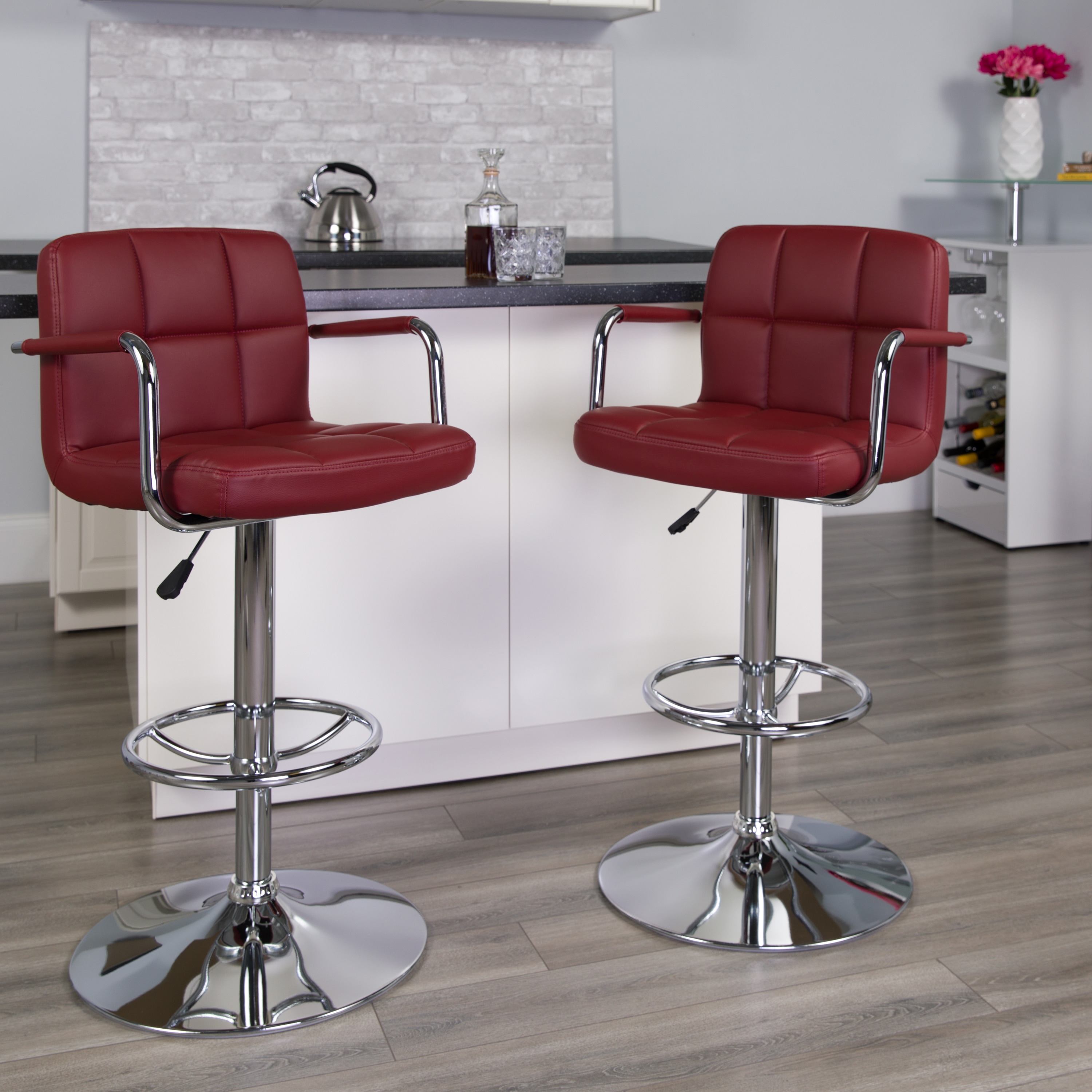 Flash Furniture 847254071734 Genna 2 -Set Burgundy 24.75-in H Adjustable Height Counter height Square seat Upholstered Swivel Metal Bar Stool with Arms and Back