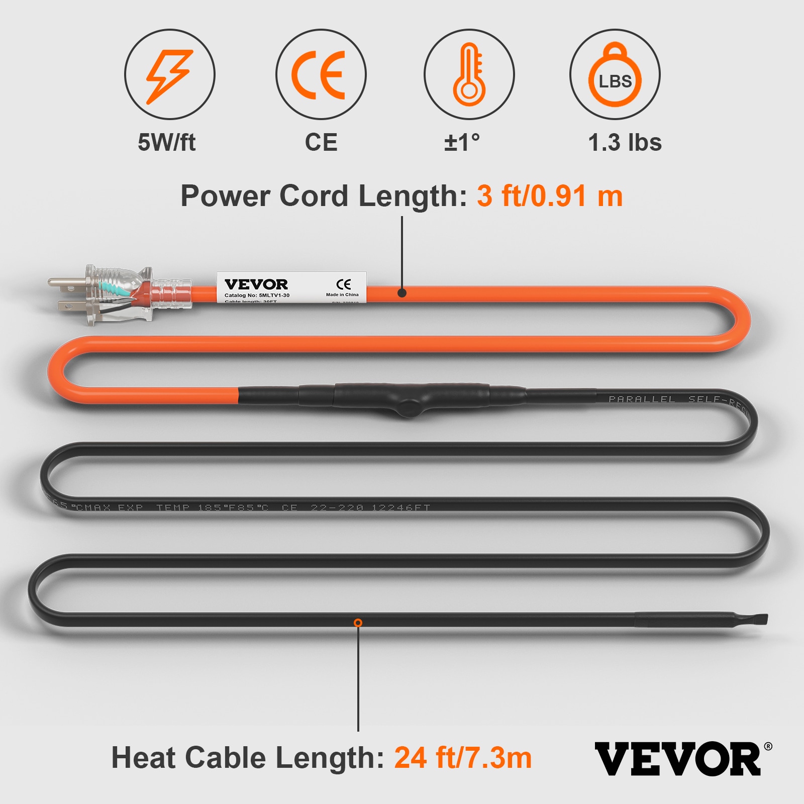 VEVOR Self-Regulating Pipe Heating Cable, 80-feet 5W/ft Heat Tape for Pipes  Freeze Protection, Protects PVC Hose, Metal and Plastic Pipe from Freezing,  120V