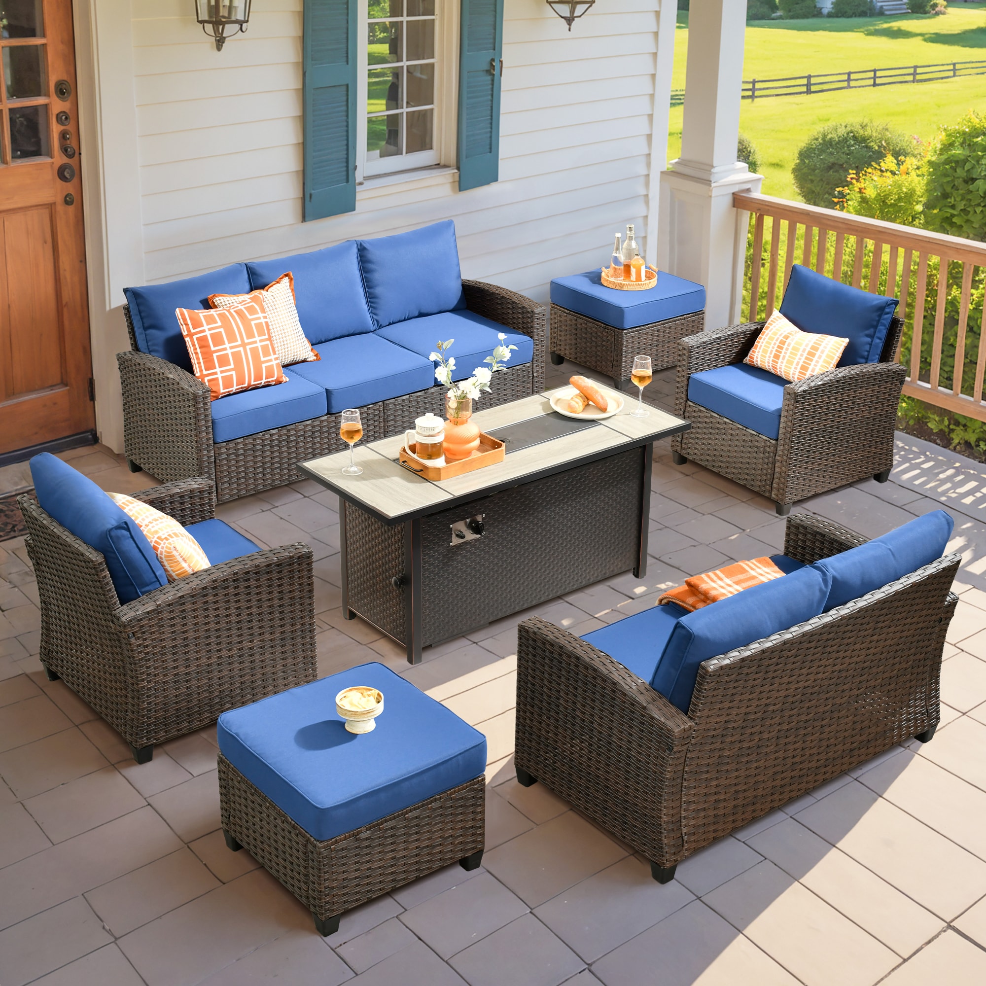 weaxty HMBCFP8503ZTPRS707 Gem 7-Piece Wicker Patio Sofa Conversation Set with Blue Cushions