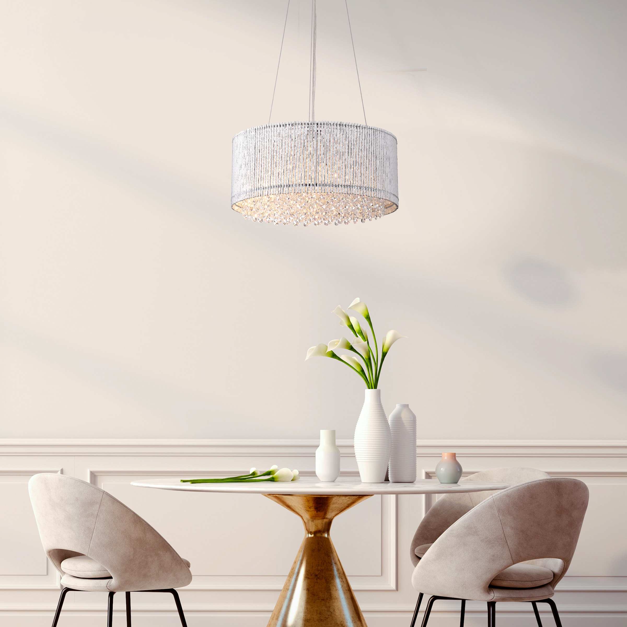 Chrome and Crystal Drum Shade Chandelier with Hanging Crystals