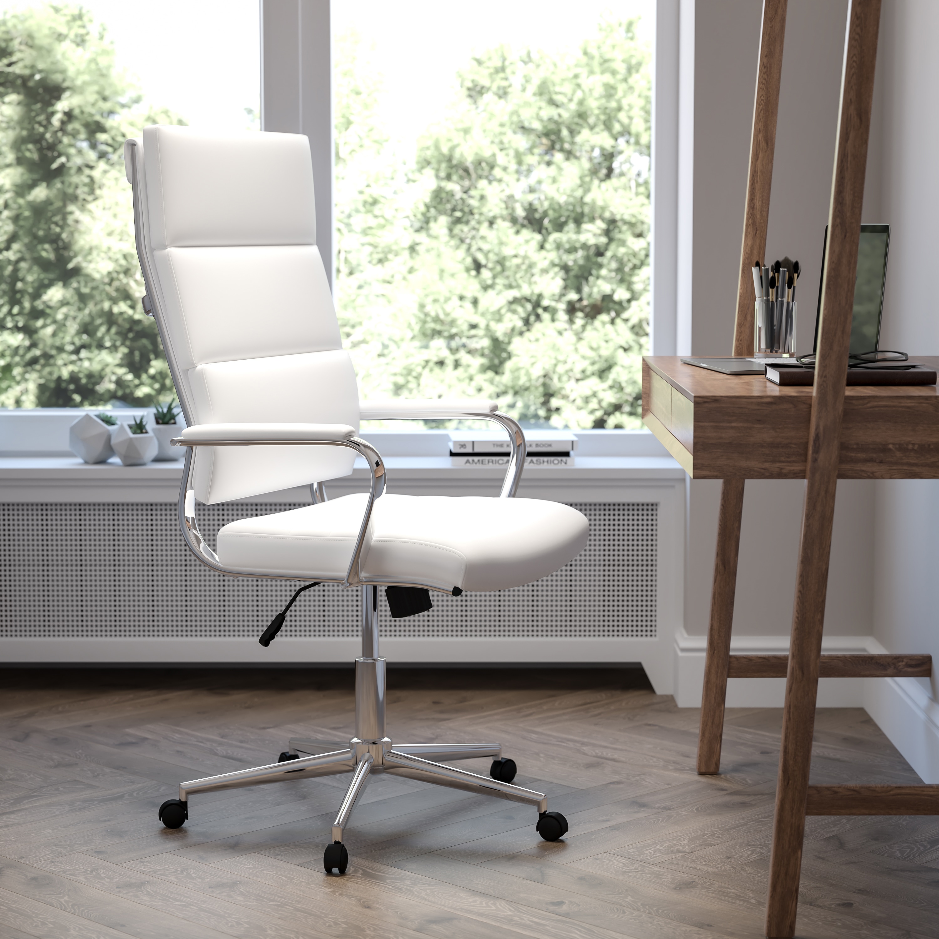 Exquisite White LeatherSoft & Chrome High-Back Executive Swivel Chair