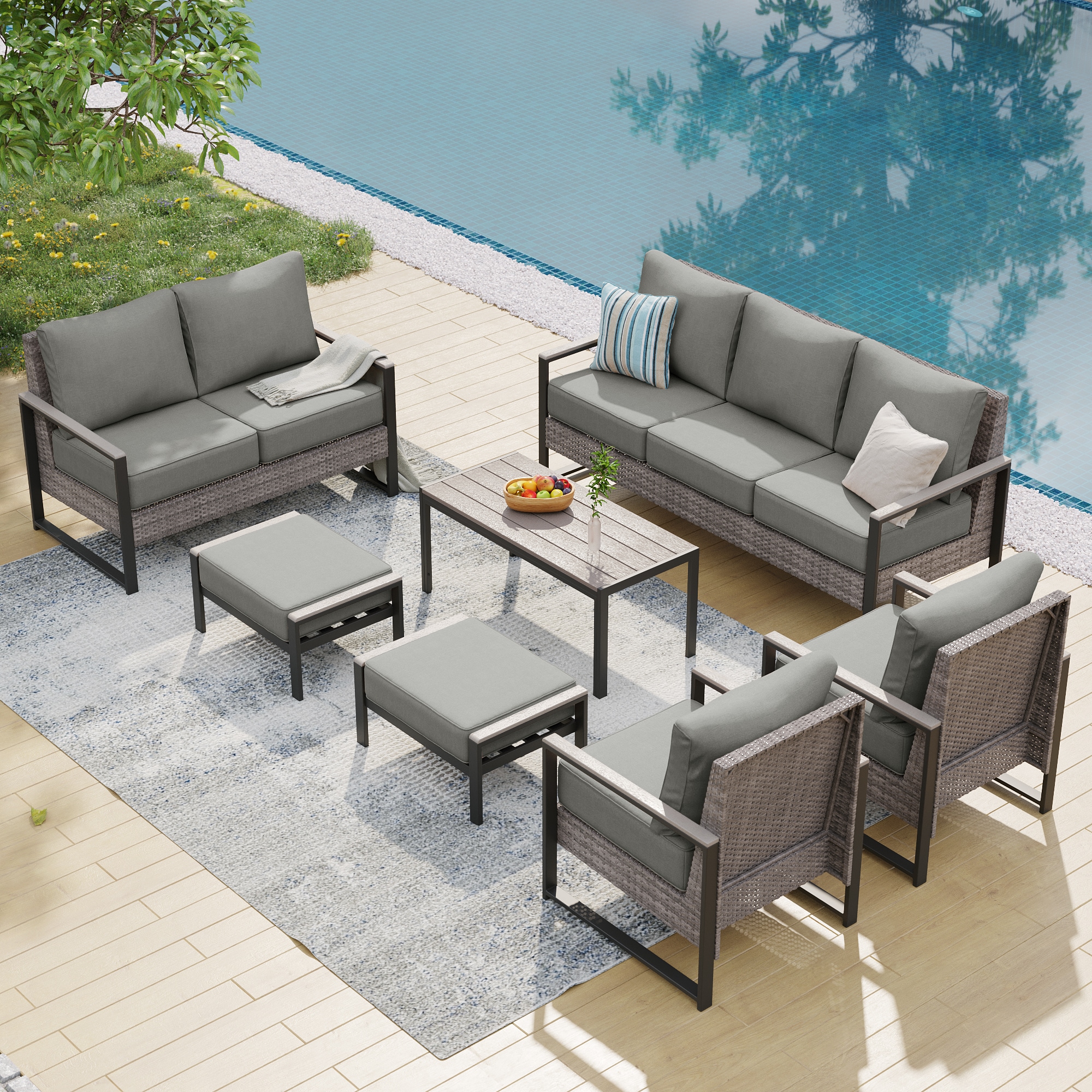 ACEGOSES LW-148HGY-S3T6 Skytop 7 -Piece Wicker Patio Sofa Conversation Set with Gray Cushions
