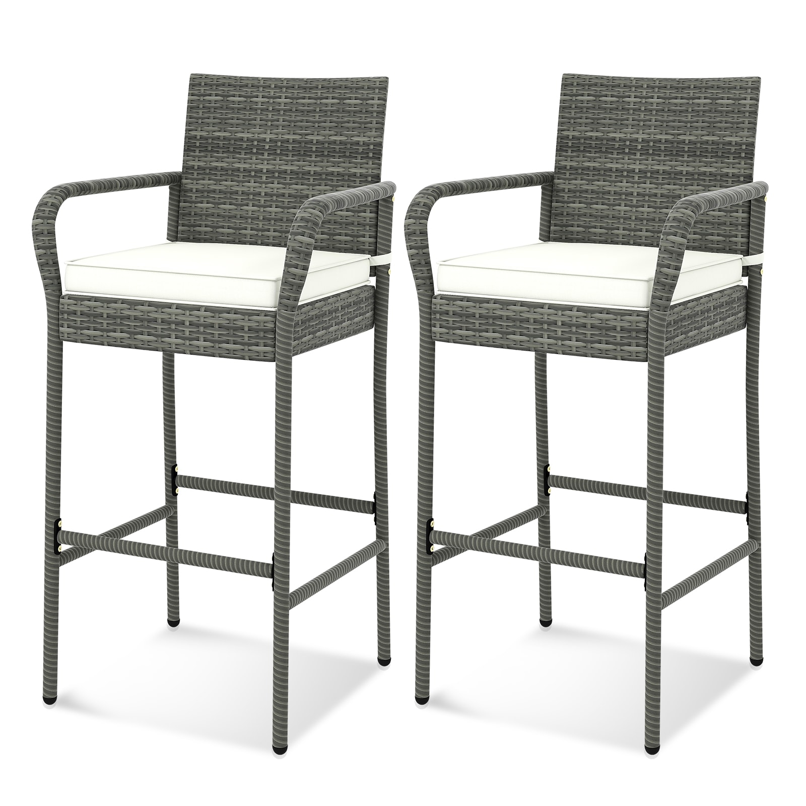 YERIVA HSM716362 Set of 2 Rattan Mix Gray Rattan Frame Stationary Bar Stool Chair with Off-white Cushioned Seat