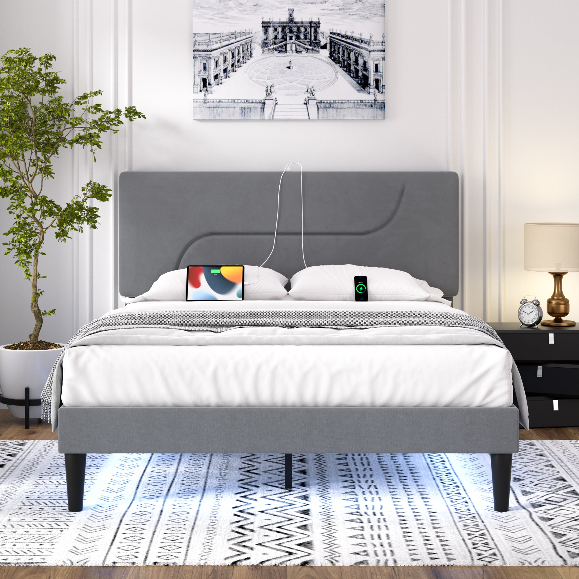 Vecelo LOE-RQ12-GRY Queen Size Bed Frame Metal Platform Bed with LED Lights Upholstered Velvet Headboard with Charging Station Gray