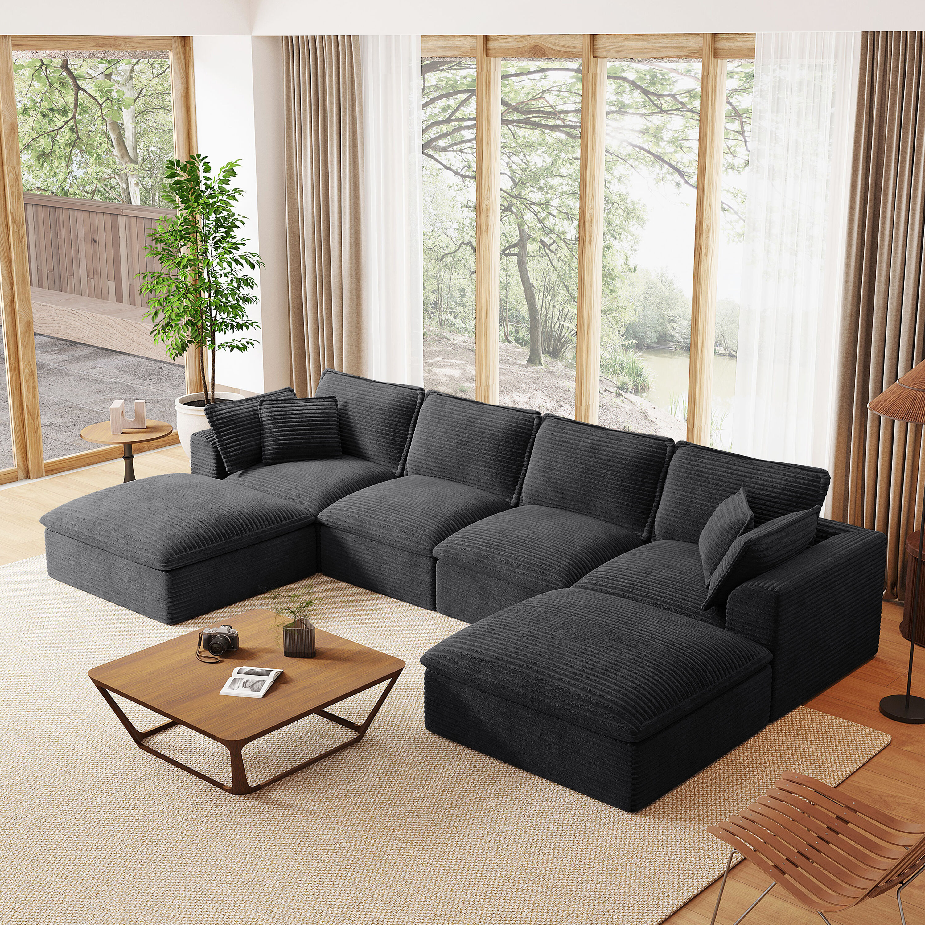 ModernLuxe L3P-N723S9728B Fully Compressed Modular Sectional Sofa U Shape with Ottomans Luxury Striped Chenille with Extra WidthDepth Cloud Like Soft Cushion No Assembly Required for Living RoomApartment2 Colors