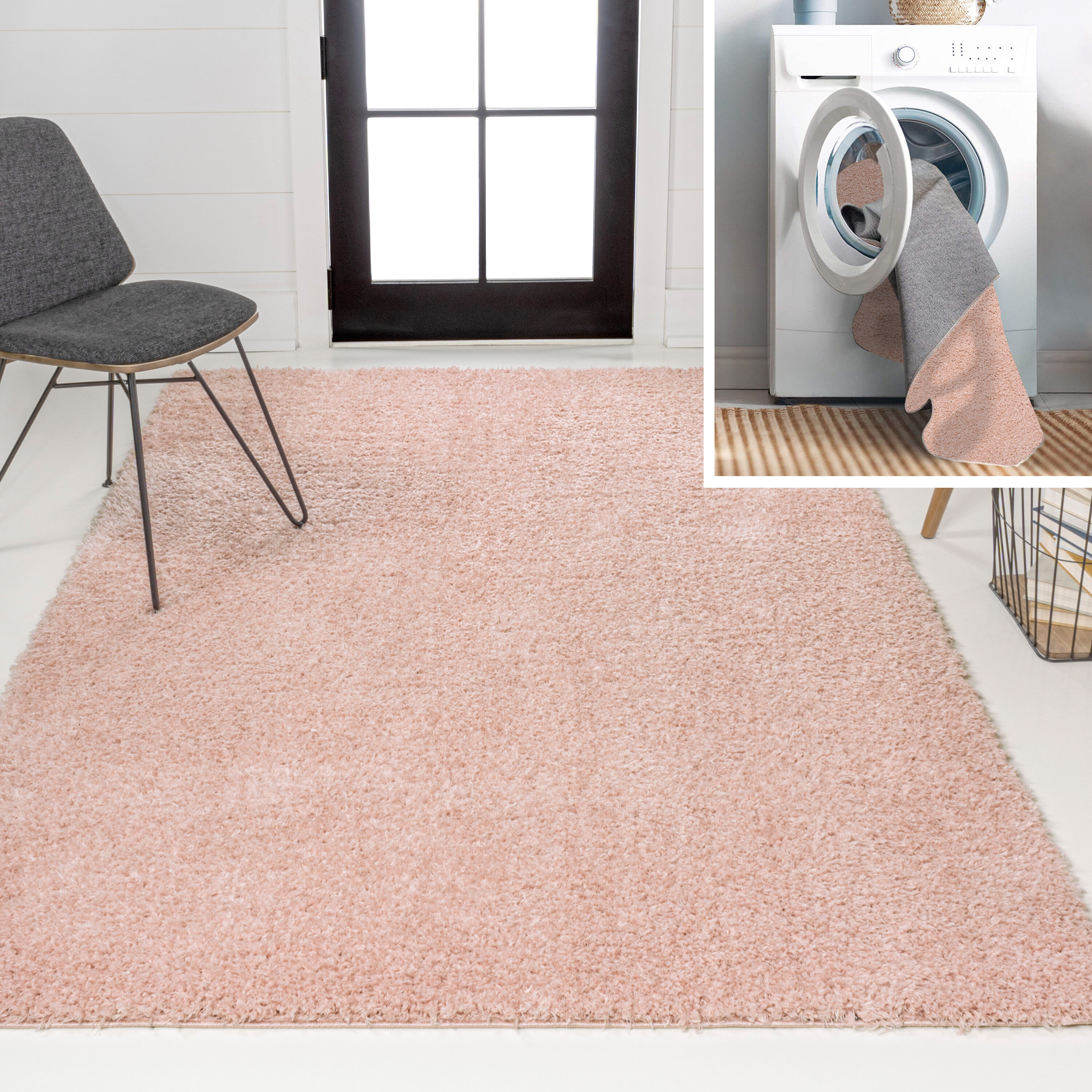 JONATHAN  Y WSH400B-5 WASHABLE Clayton Coastal Solid Glam Shag 5 x 7 (ft) Loomed Polyester Pink Rectangular Indoor Solid Coastal Machine washable Area rug