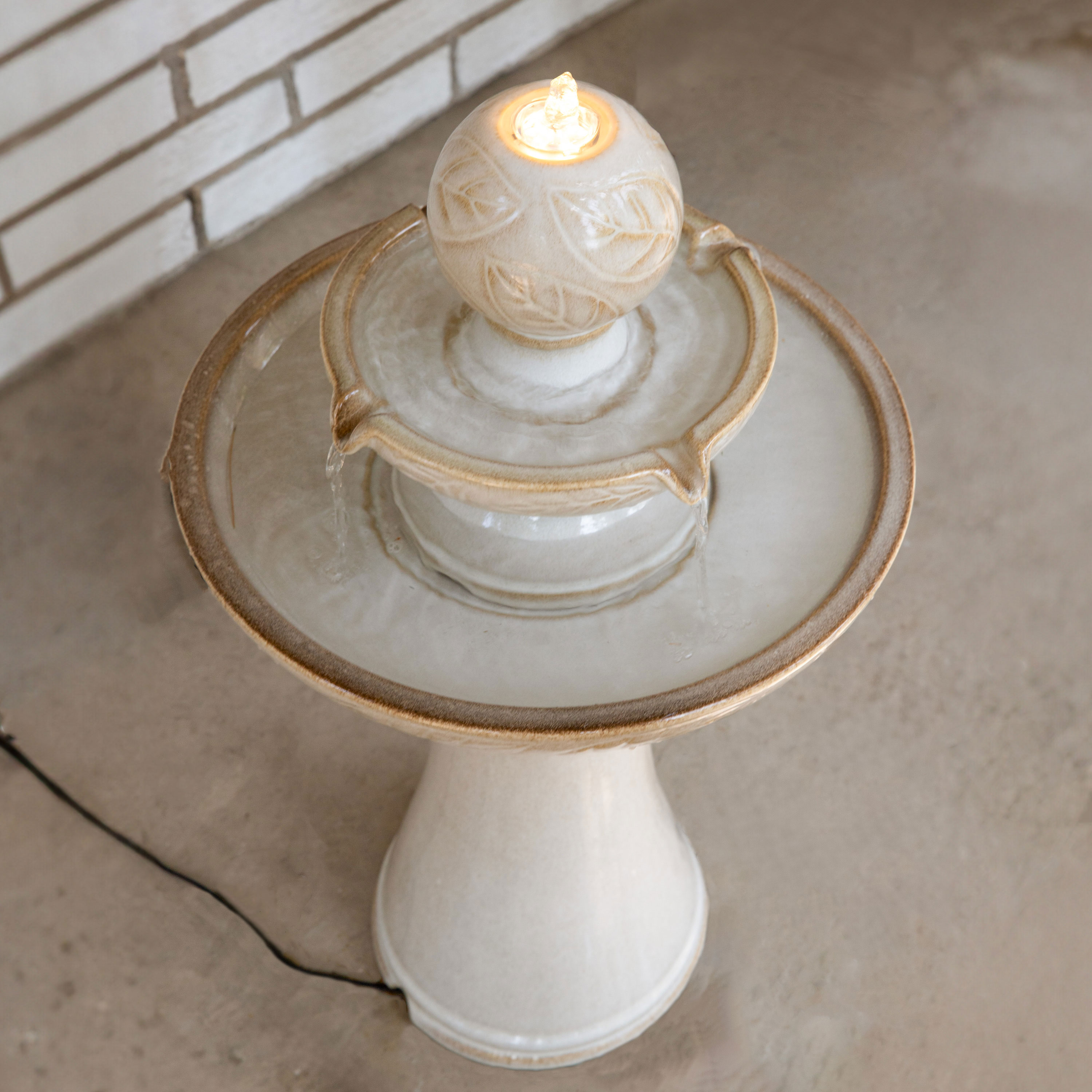 Off-White Ceramic 2-Tier Outdoor Fountain with LED Lights