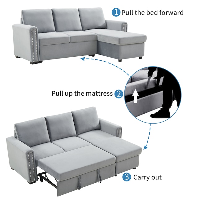 Clihome Pull-Out Sofa-Bed 60-in Modern Light Gray Velvet 3-seater ...