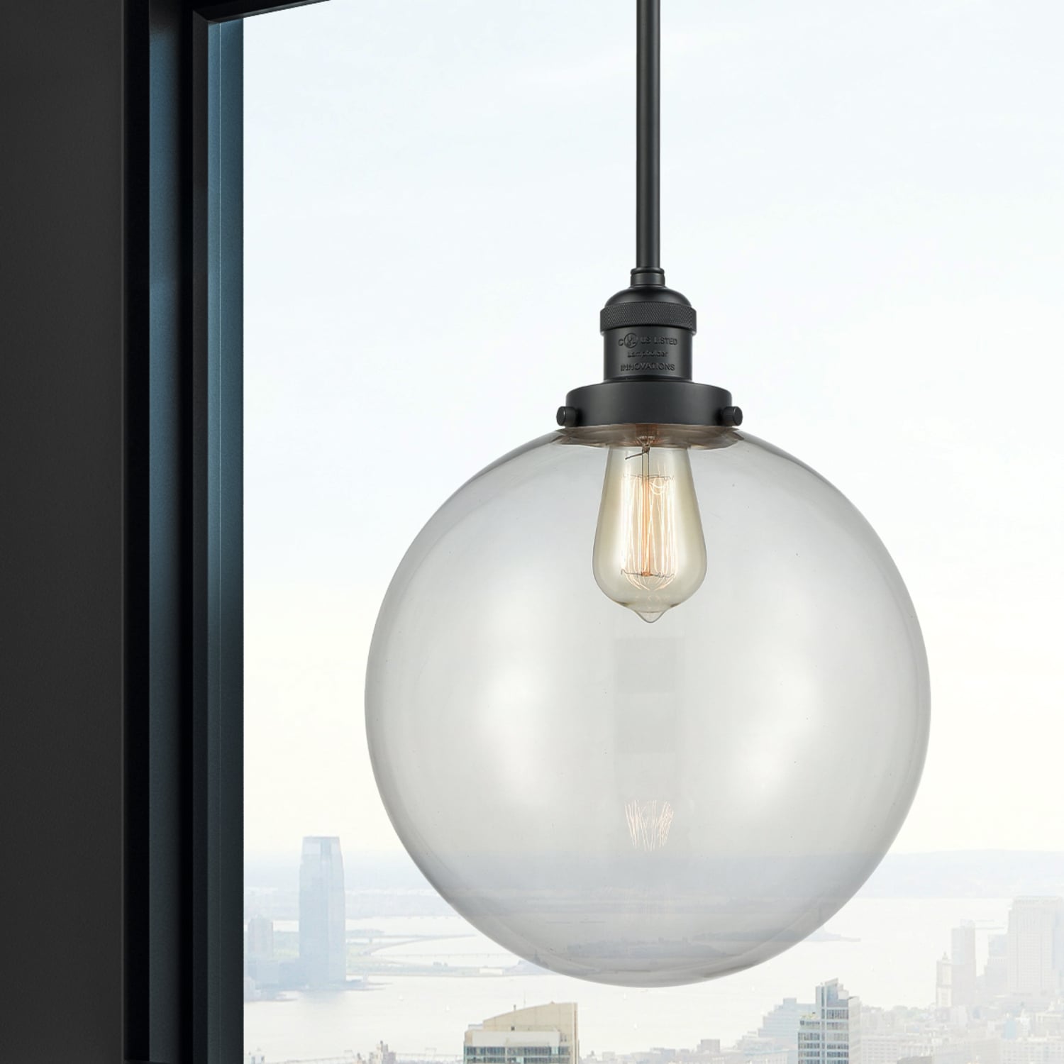 Innovations Lighting 201S-BK-G202-12 Beacon Clear, Matte Black Industrial Clear glass Globe Medium Hanging Pendant light
