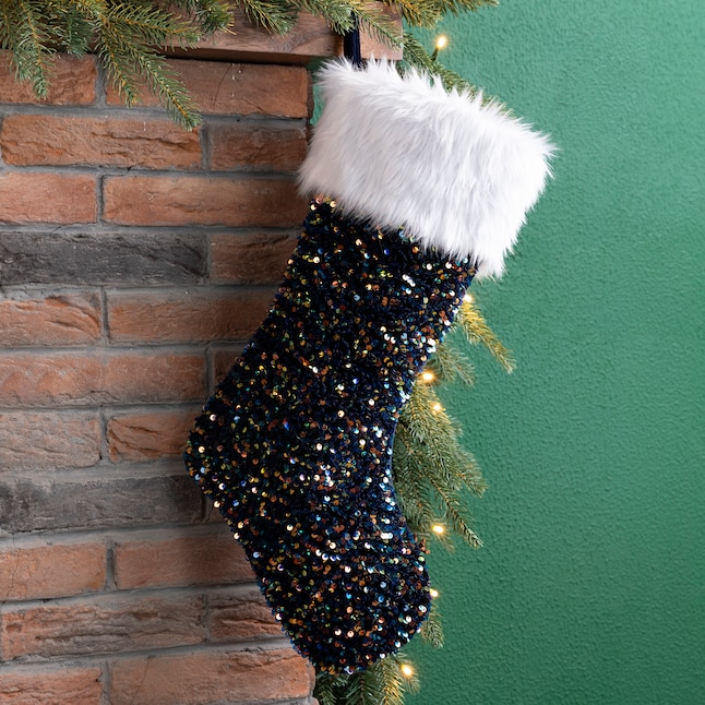 Glitzhome 21-in Navy Blue Sequin Christmas Stocking with White Cuff ...