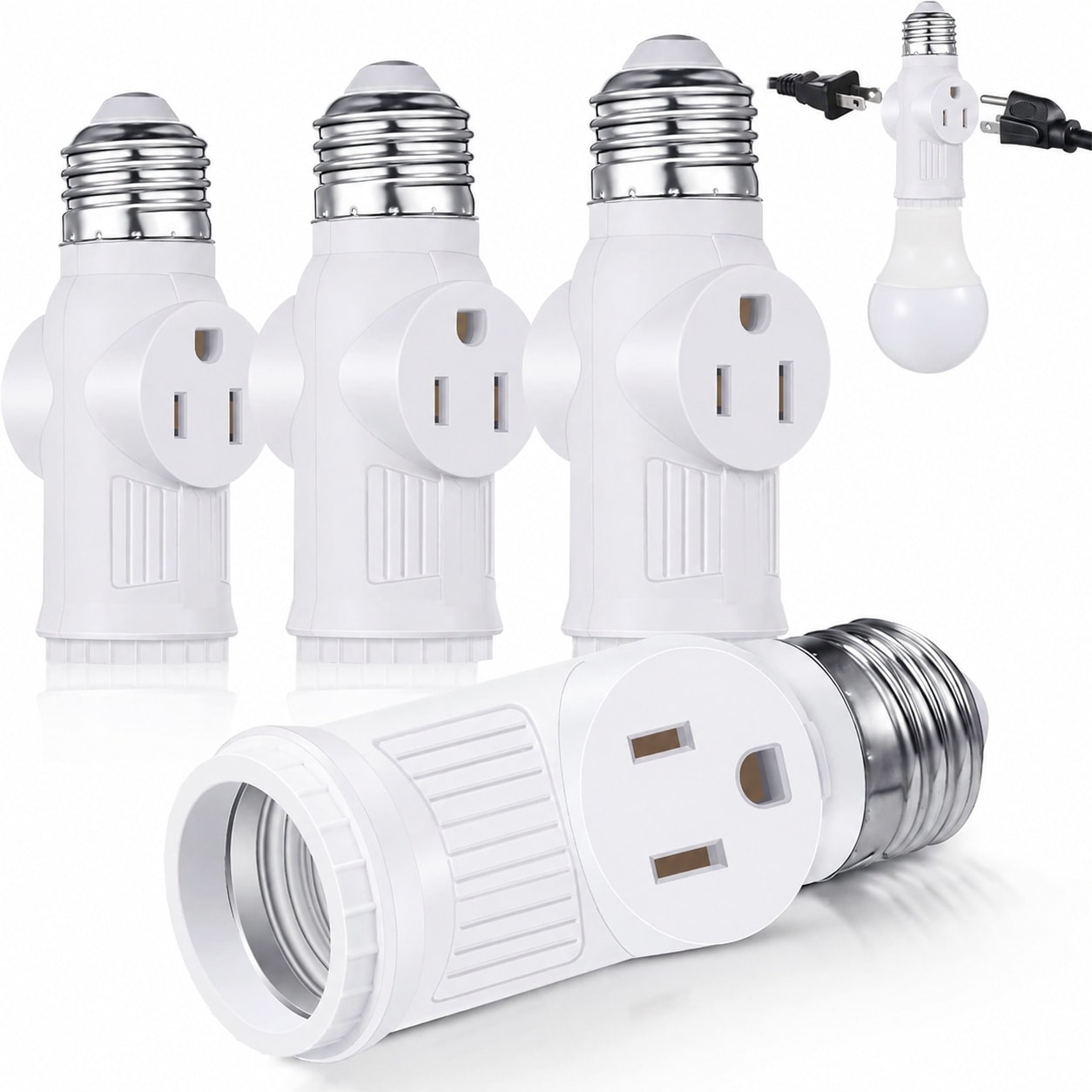 Lukvuzo 4 pcs Light Socket to Plug Adapter E26 to Three Prong Outlet Adapter Converts Lamp Socket to Dual Outlet for Garage Porch Workshop #LLU0718L086