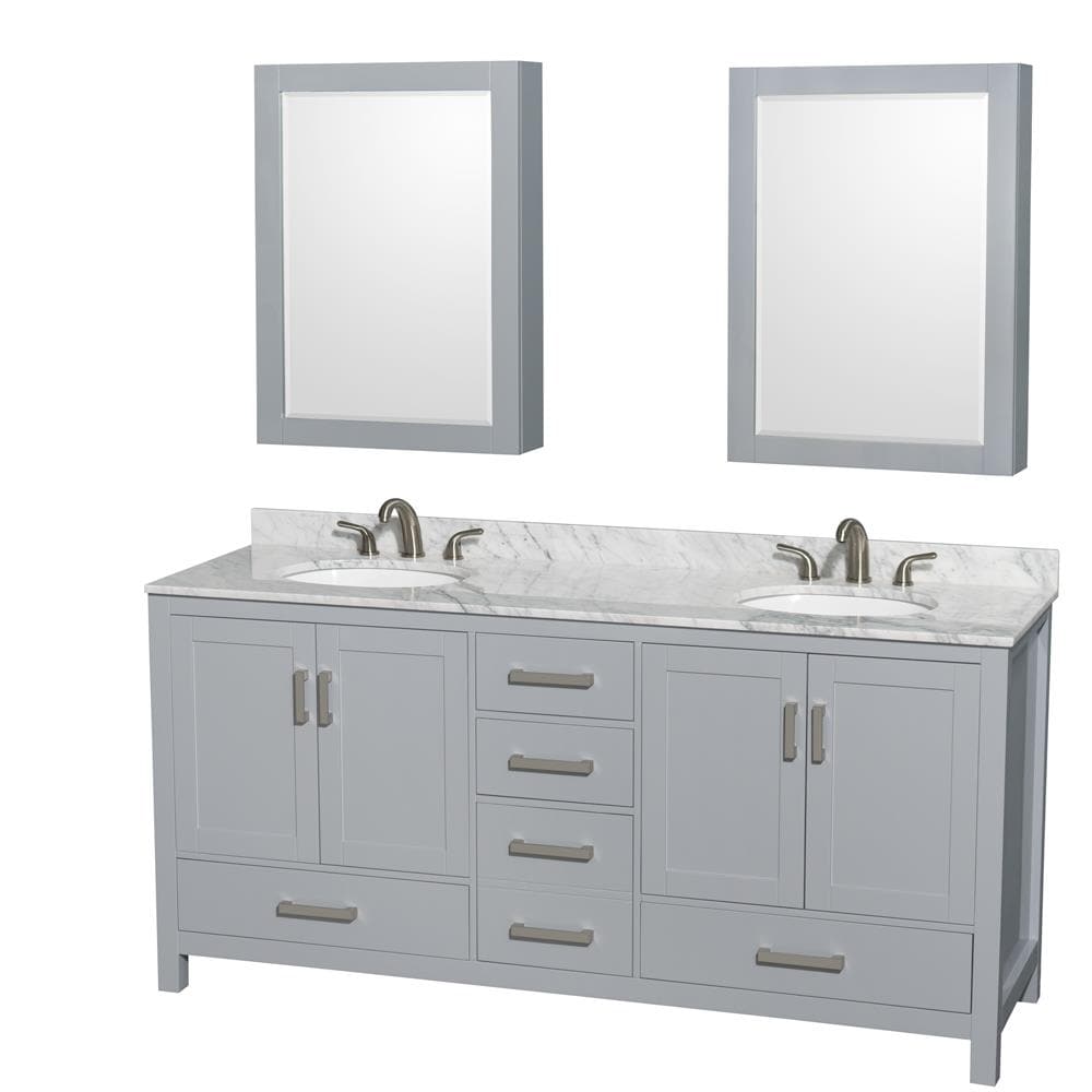 Wyndham Collection WCS141472DGYCMUNOMED Sheffield 72-in Gray with Brushed Chrome Trim Undermount Double sink Bathroom Vanity with White Marble Top (Mirror Included)