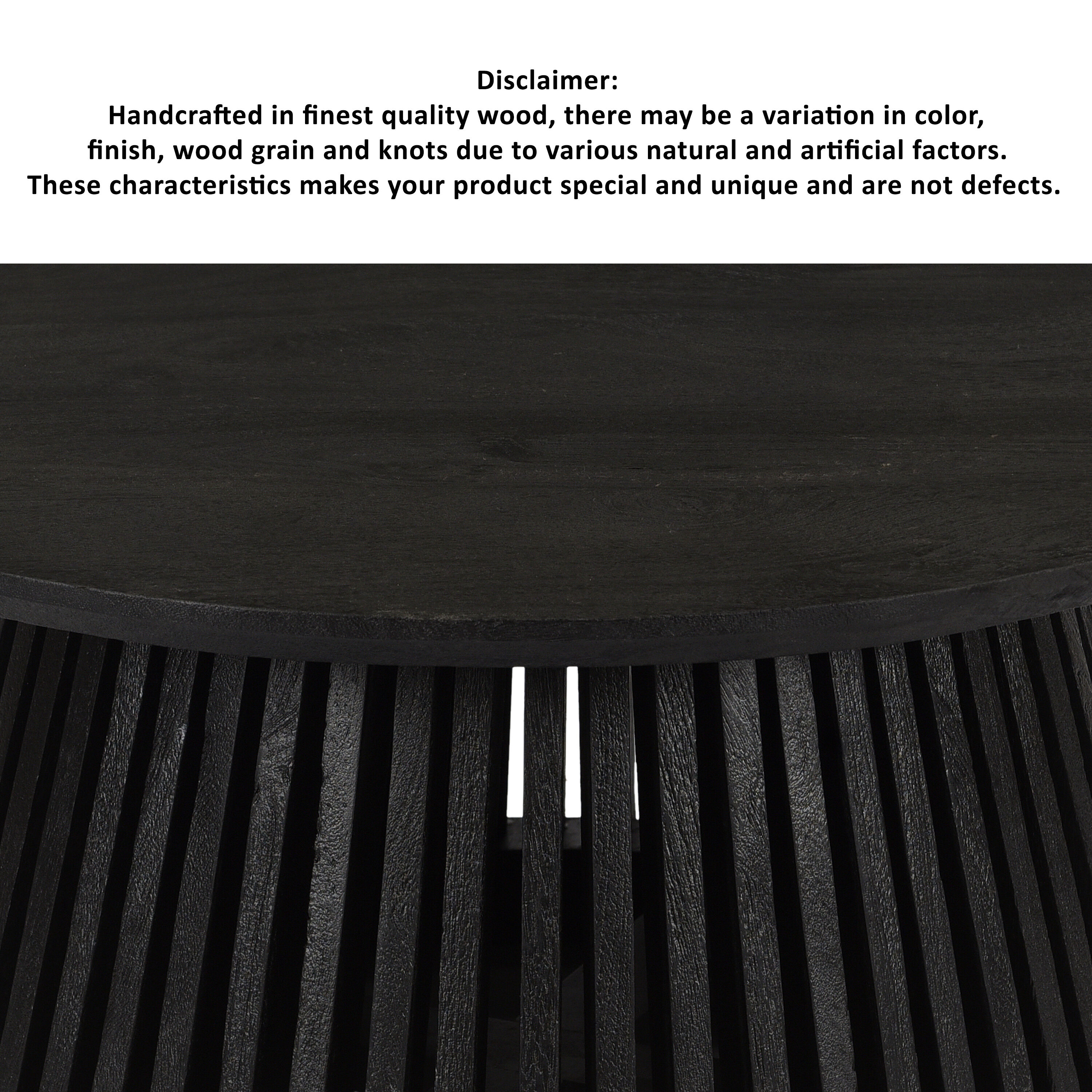 Jet Black Round Solid Wood Coffee Table with Slatted Base
