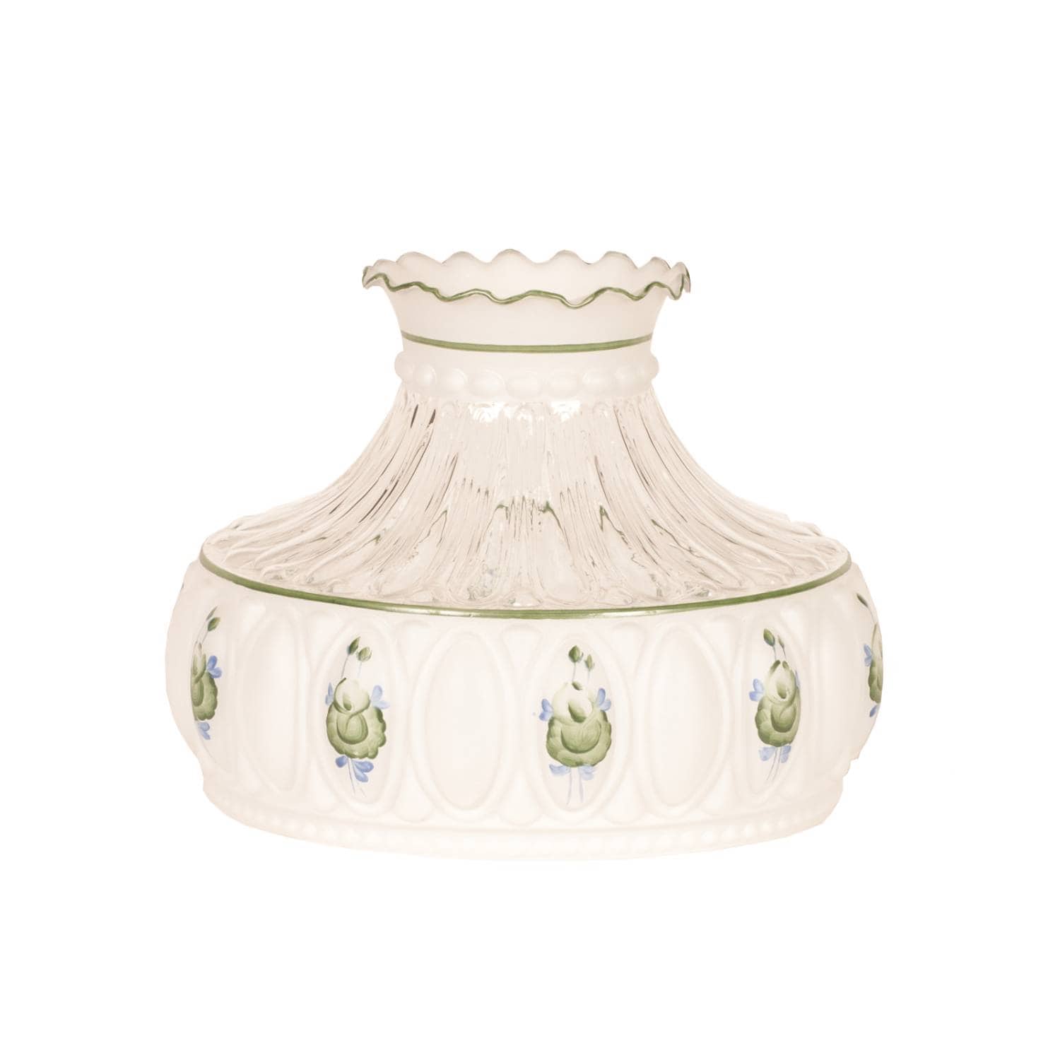 Lehman's M756 Aladdin Oil Lamp Glass Shade Fits 10 in Shade Ring Base - Diffuses - Softens and Disperses Light - White with Green Roses