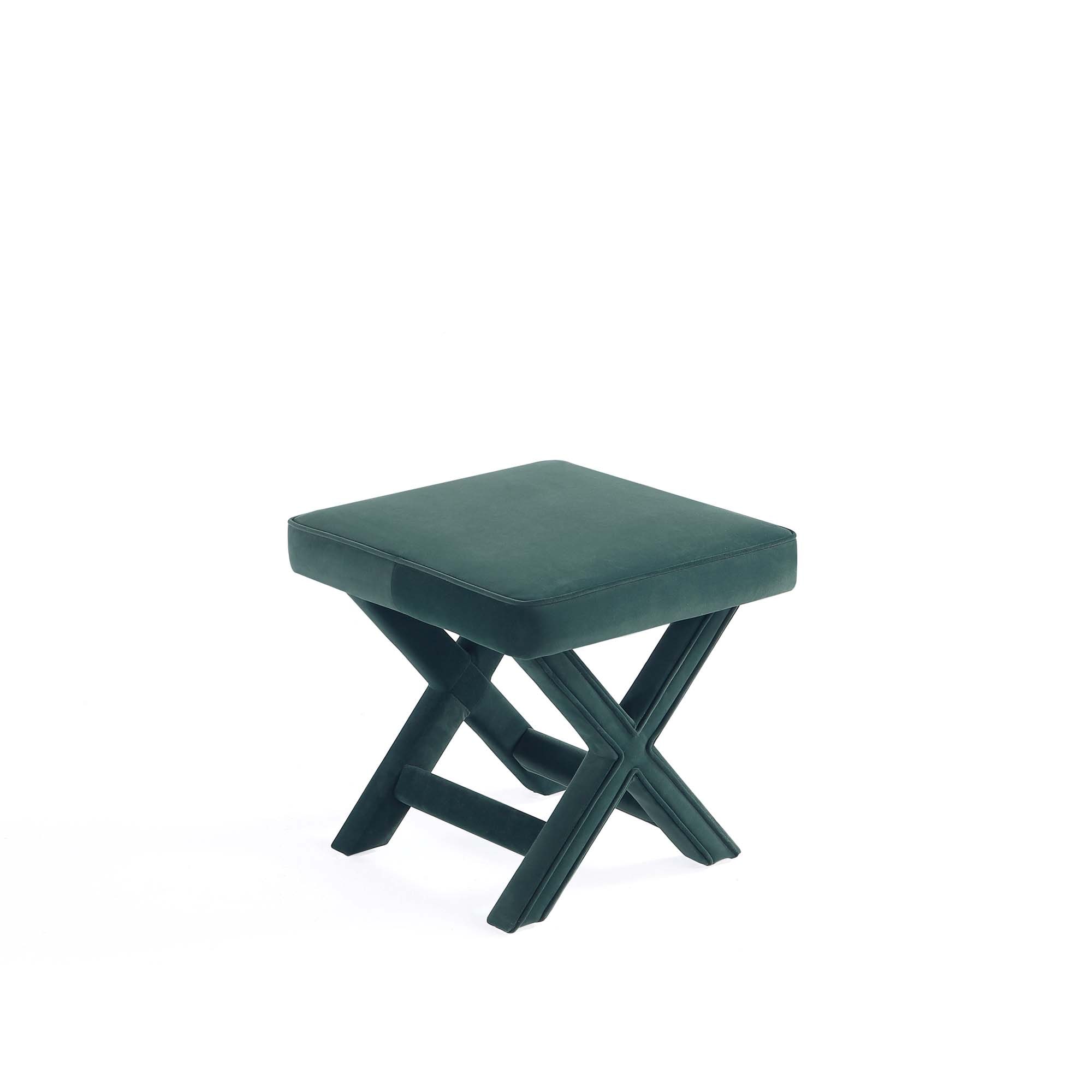 Green Velvet Upholstered Ottoman with X-Crossed Legs