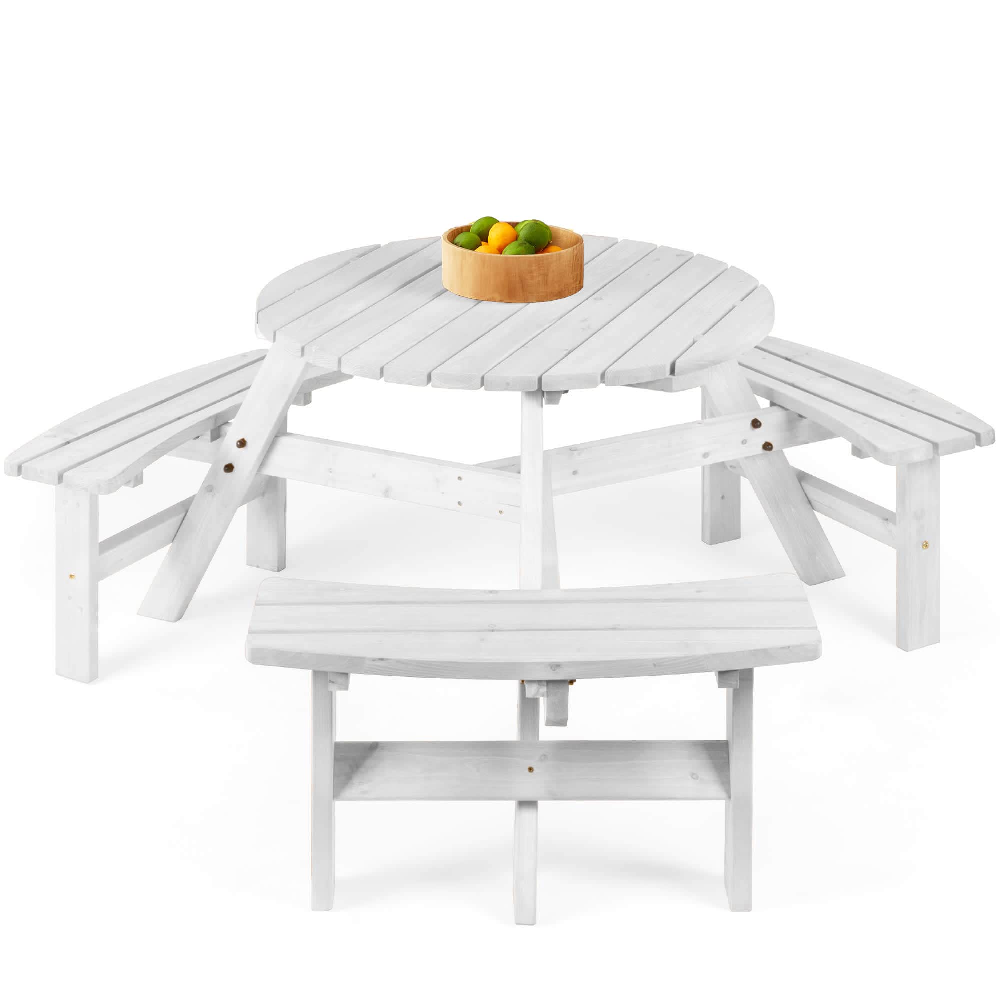 Best Choice Products SKY10986  6-Person Circular Outdoor Wooden Picnic Table w/ 3 Built-In Benches 500lb Capacity - White