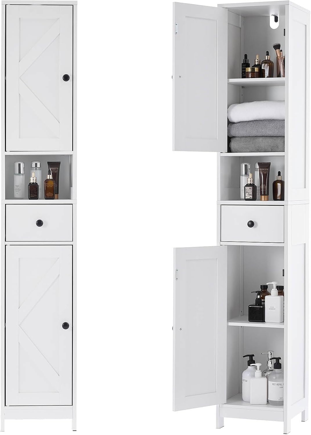 Garvee Tall Narrow Bathroom Storage Cabinet with 3 Door Cupboard Adjustable Shelves Metal Handles and Hinges Space-Saving Organizer White