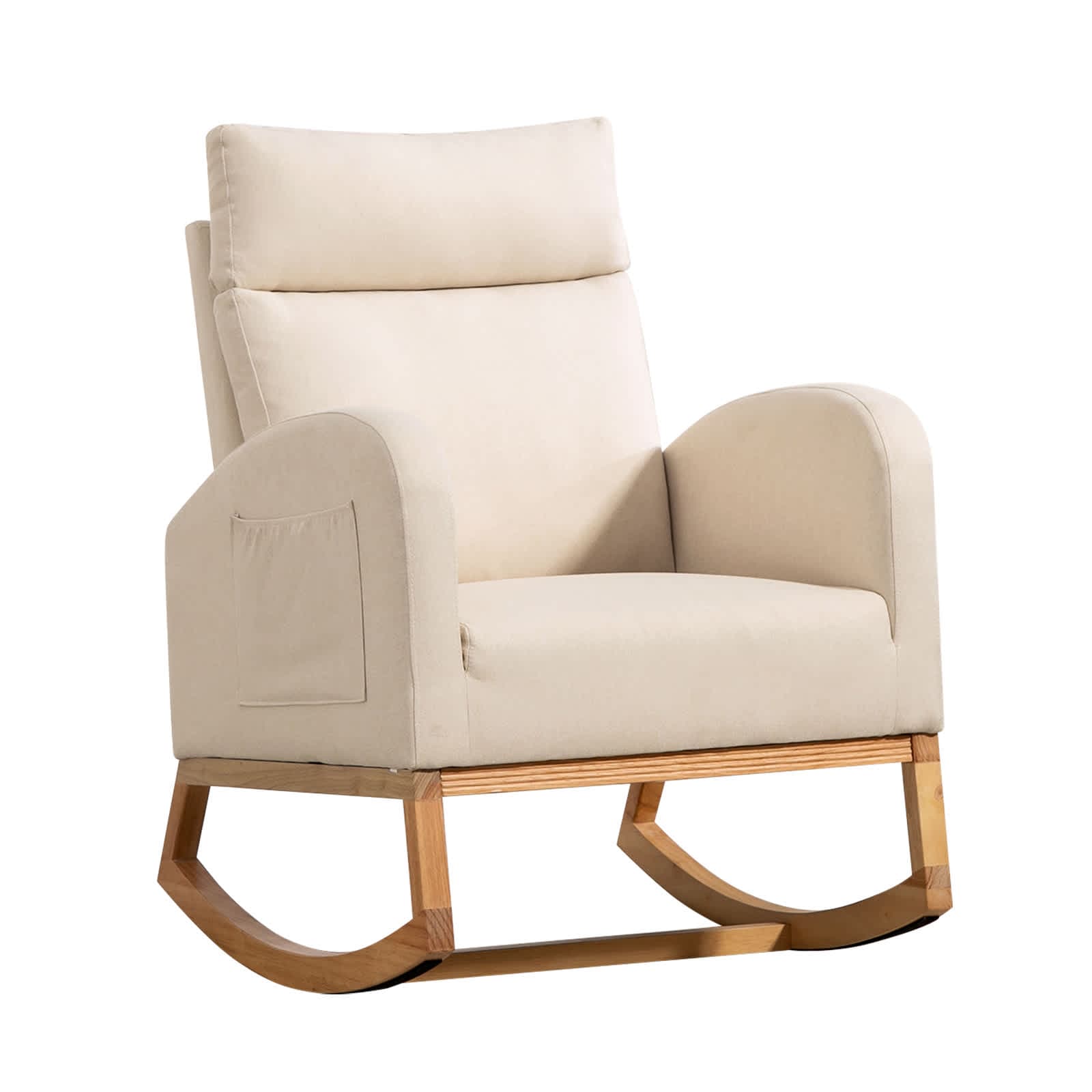 WhizMax KL-PHO-13KYYLX6 Modern Nursery Rocking Chair Plush Linen Upholstered Glider with Headrest and High Back Design Storage Pockets Solid Rubber Wood Legs Versatile Armchair for Living Room Bedroom Nursery Use