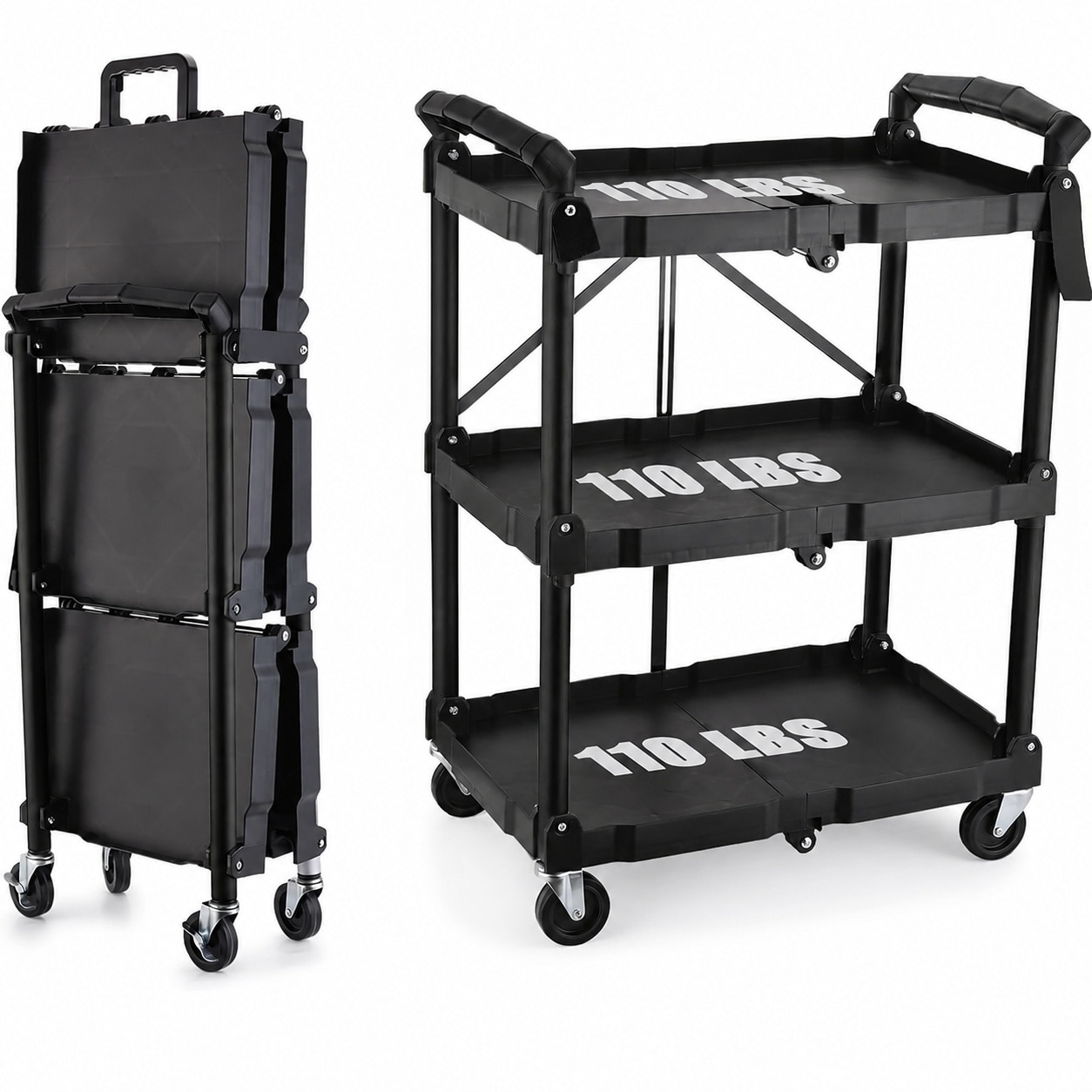 CYIKE  Portable Folding Service Cart 3 Tier 330 Pounds Capacity Rolling Utility Foldable Cart with Wheels for Warehouse Home Workshop Garage