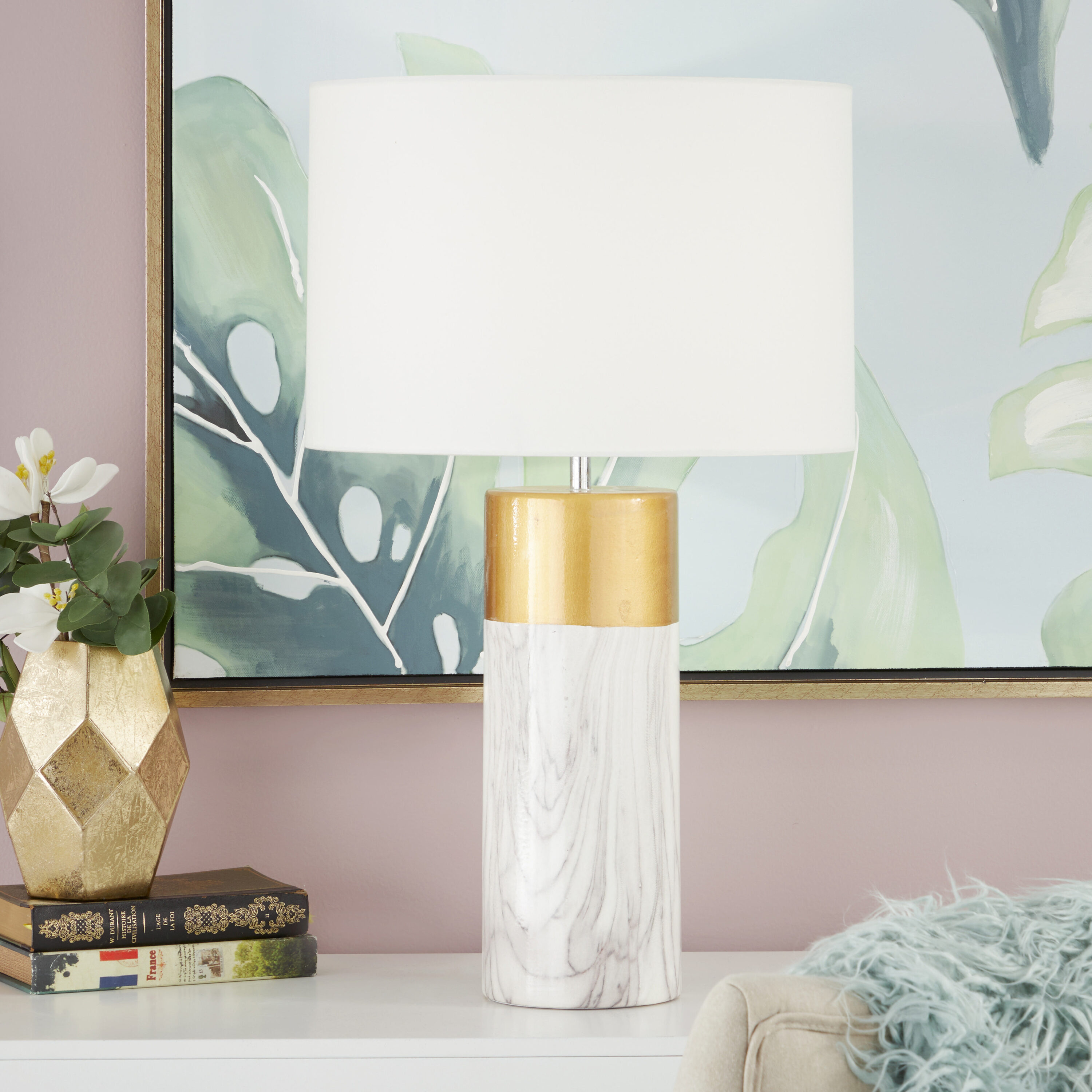 CosmoLiving by Cosmopolitan 60739 25-in White Faux Marble with Gold Accent LED On/Off switch Table Lamp with Linen Shade