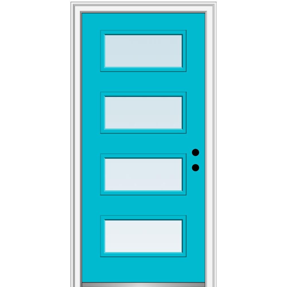 MMI DOOR ZZ348237L Spotlights 32-in x 80-in x 6-9/16-in Fiberglass Pulse lite Left-hand inswing Bahama Blue Painted Prehung Front Door with Brickmould Insulating core