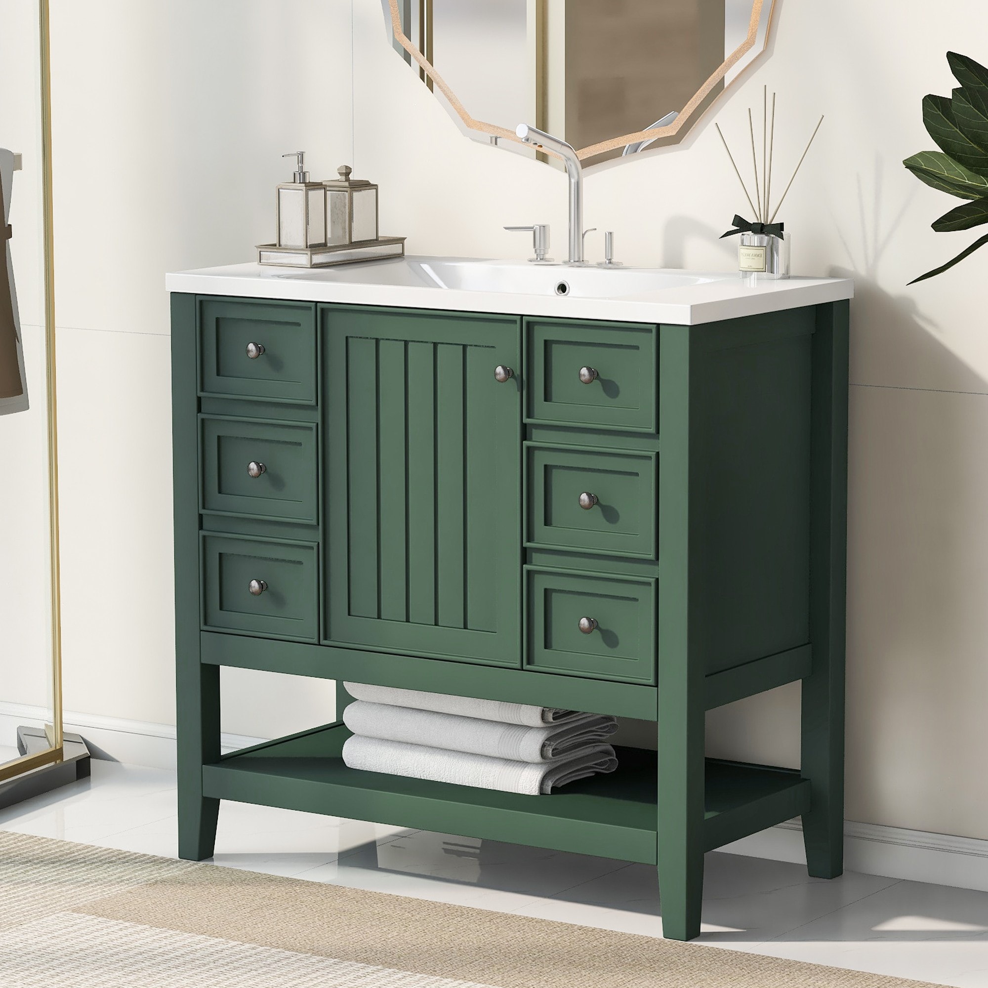 Elite Gourmet 36.02 in. Freestanding Cabinet Green Bath Vanity with White Ceramic Top and Sink Solid Wood Frame 3 Drawers Open Shelf