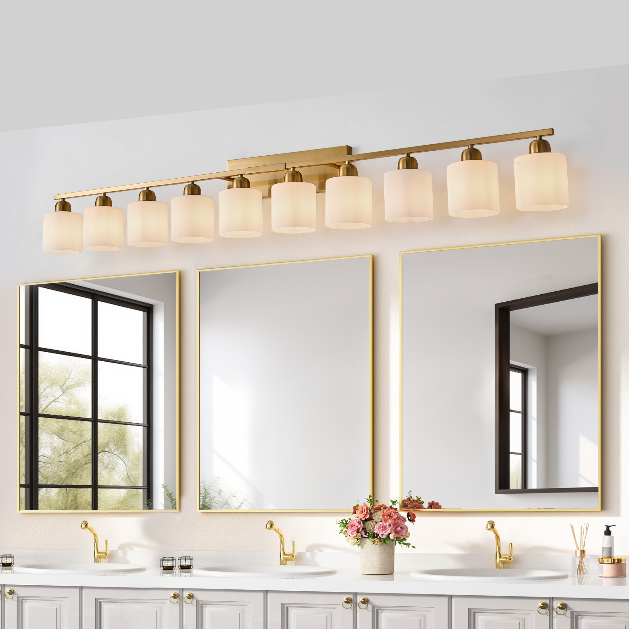 Cuschoice 65-in 10 Light Gold Light with White Glass Shades Vanity Light Wall Sconce(No Bulbs)