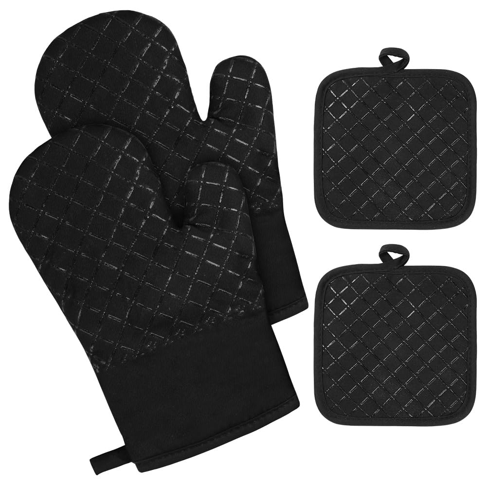 DHMHD  Oven Mitts and Pot Holders 4 Piece Set Heat Resistant Up to Two Hundred Thirty Degrees Celsius Extra Thick Cotton with Silicone Non Slip