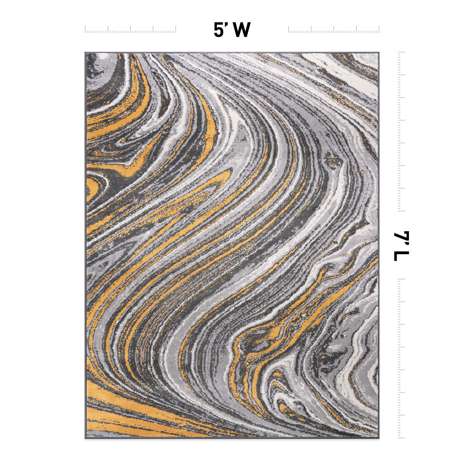 Yellow and Gray Abstract Swirl 5' x 7' Stain-Resistant Synthetic Rug