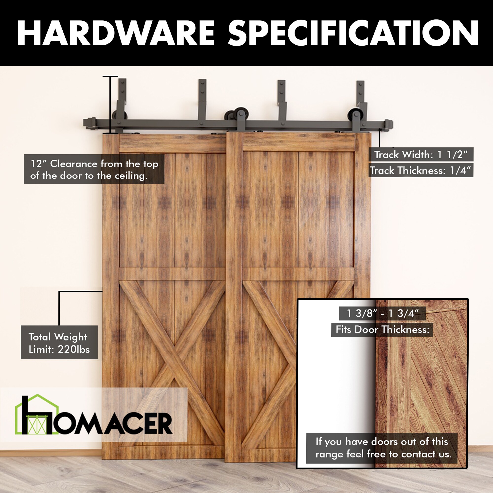 HOMACER 60-in Rustic Black Indoor Top Mount Double Bypass Barn Door ...