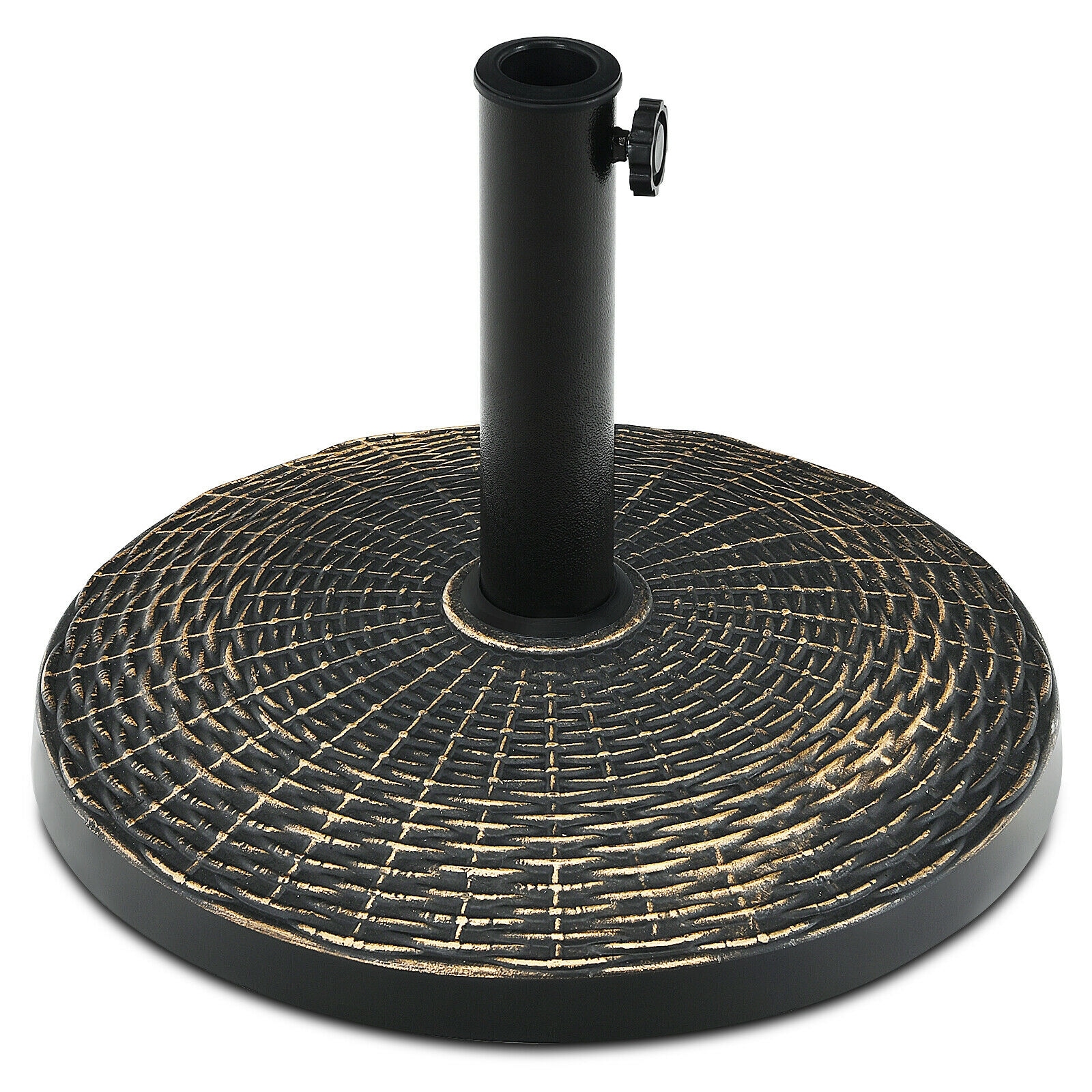 Slickblue D-CO-05807PO Round Resin and Steel Umbrella Base for Patio Umbrellas Fits 1.5 and 1.9 Inch Poles Hand Turn Knob Bronze 18 Inch