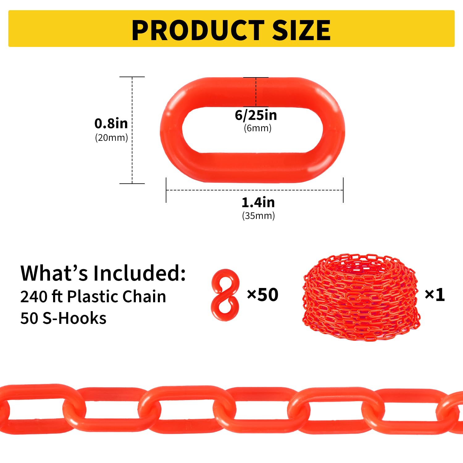 Aoile 240 FT Plastic Chain with 50 S Hooks 6mm Heavy Duty Safety ...