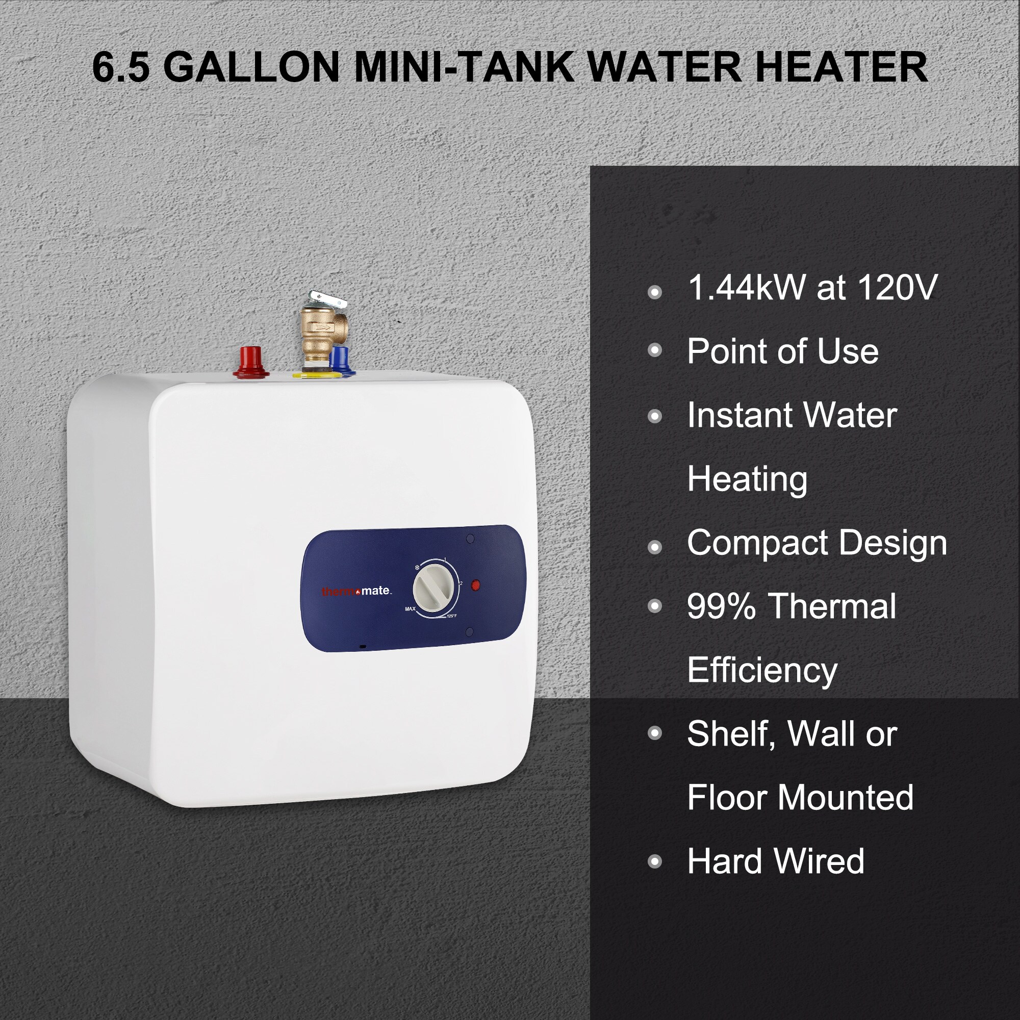 Camplux Electric Mini Tank Water Heater 120V 1.3 Gallon Under Sink Style  with Cord Plug 1.44kW