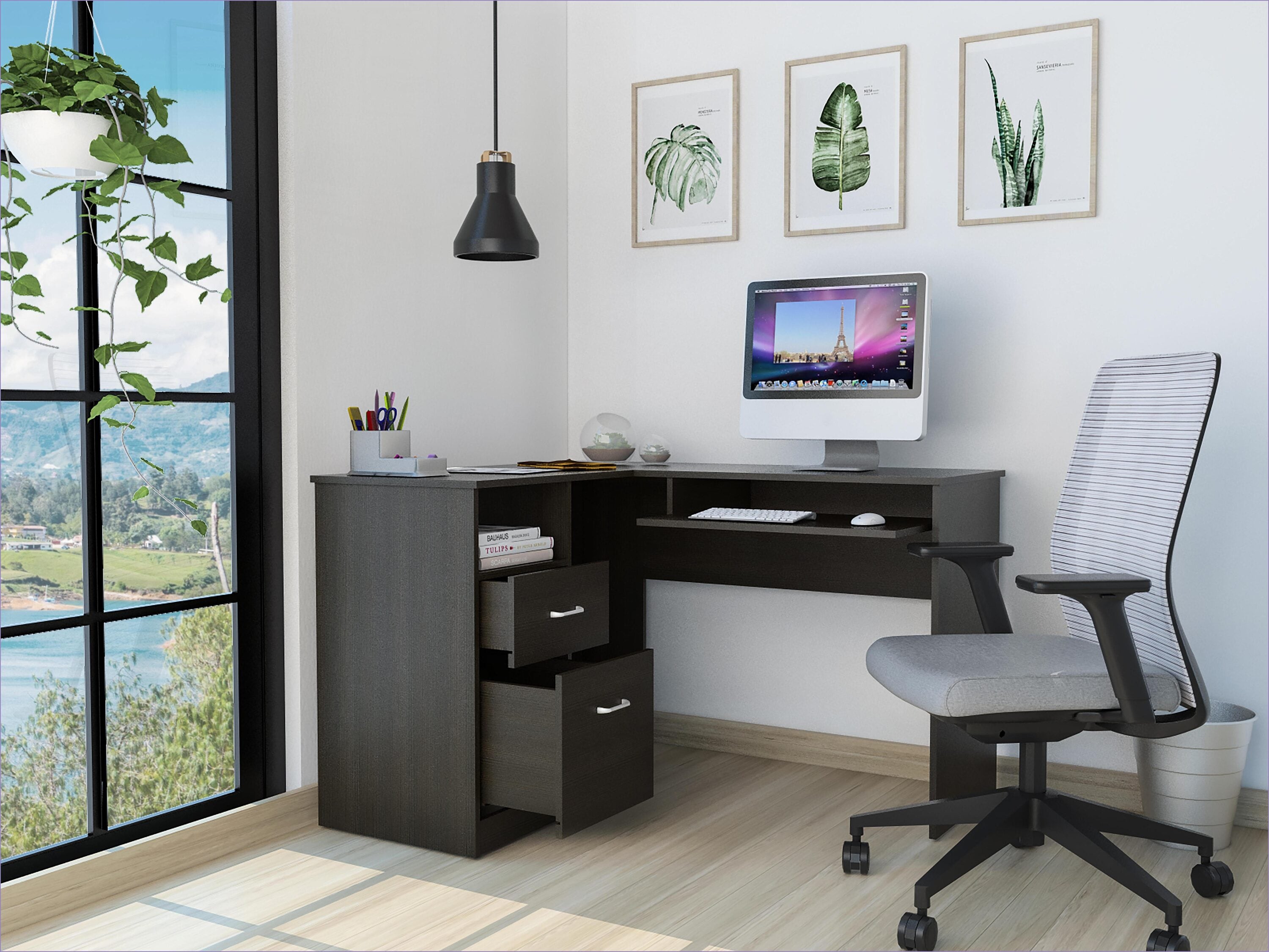 SunJet Desks L-Shaped Computer Desk with 2 Drawers 3 Shelves Wenge ...