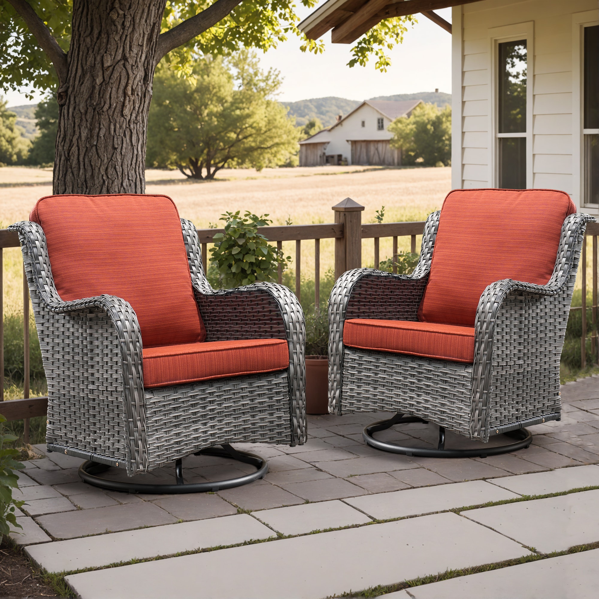 Pouuin SYZGNTC802 Set of 2 Wicker Gray Metal Frame Swivel rocker Rocking Chair with Orange Cushioned Seat