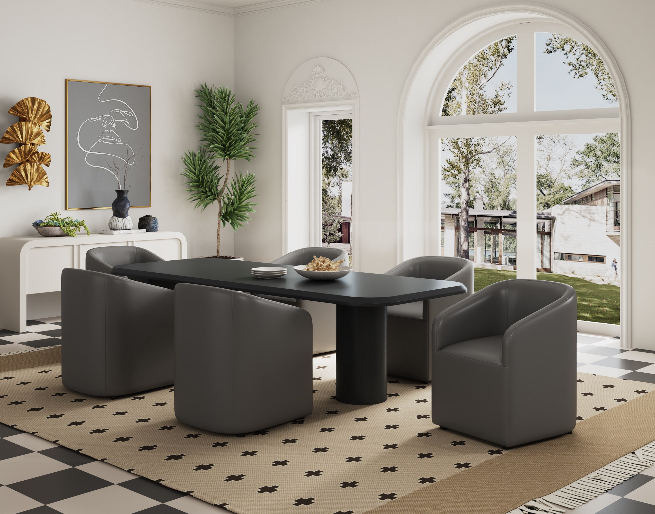 Manhattan Comfort 2-DC059AR-PE Set of 2 Contemporary/Modern Faux Leather Upholstered Dining Arm Chair (Wood Frame)