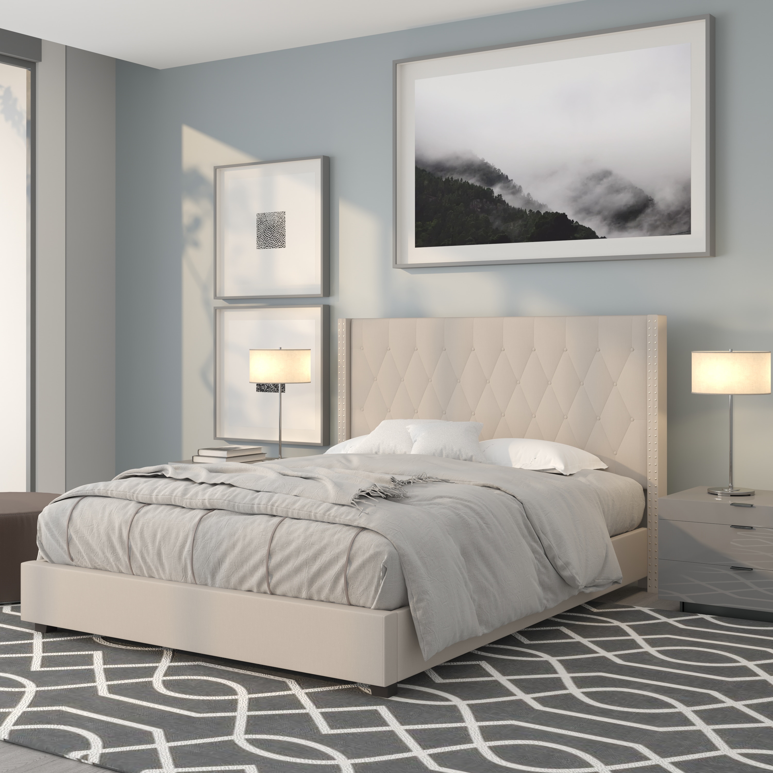 Flash Furniture 889142255178 Riverdale Beige Queen Upholstered Platform Bed