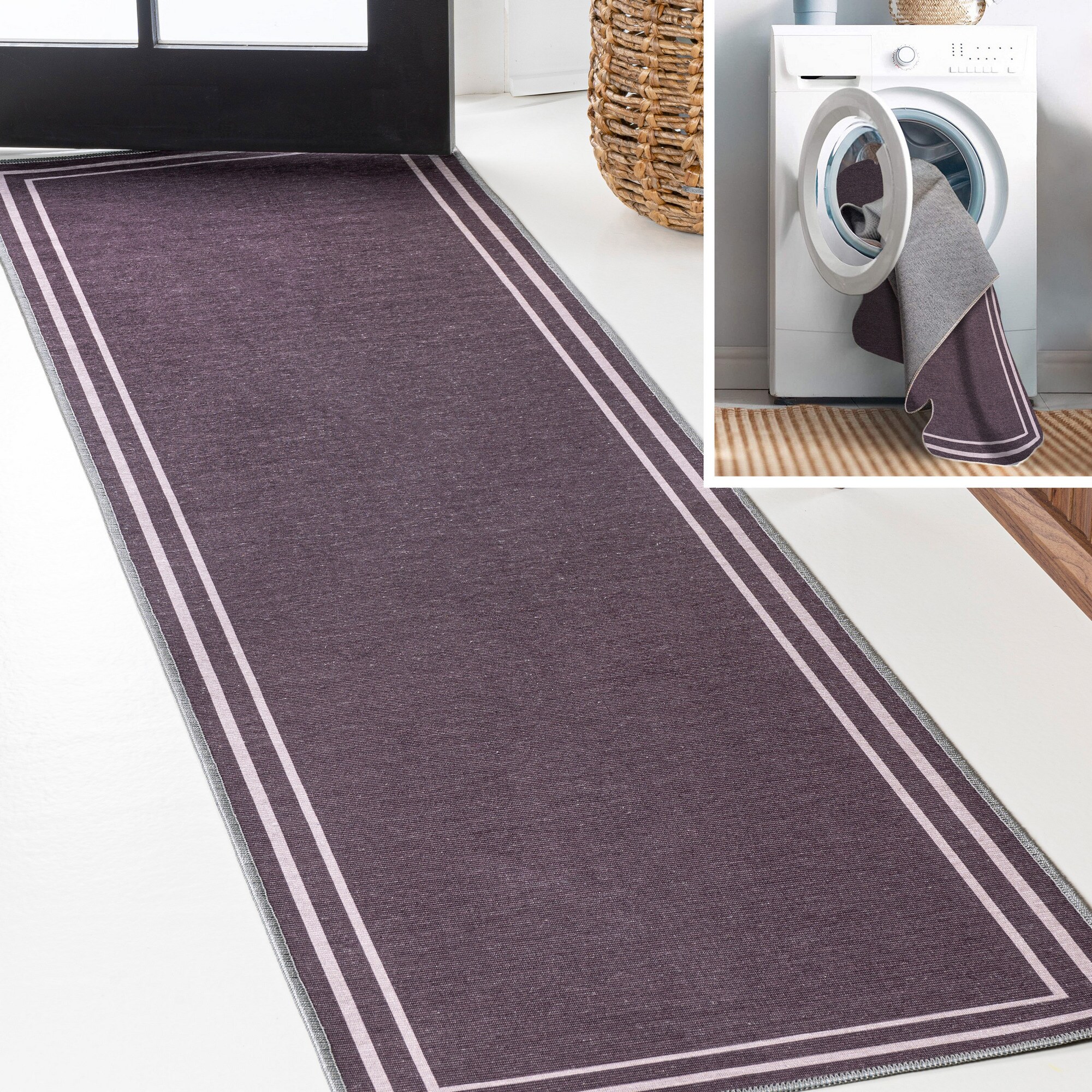 JONATHAN  Y WSH125C-28 WASHABLE Sloane 2-Stripe Border 2 x 8 (ft) Loomed Chenille Dark Purple/Light Purple Rectangular Indoor Coastal Machine washable Runner rug