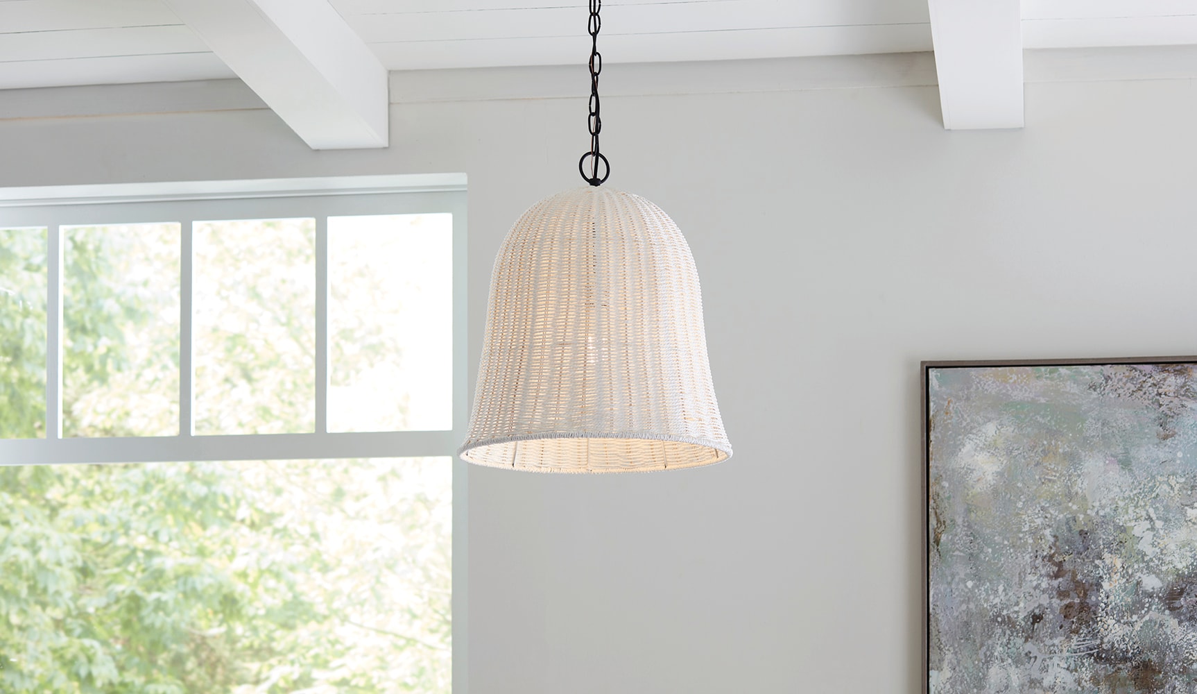 Elizabeth Black Canopy with White Rattan Shade Modern/Contemporary Bell Hanging Pendant Light | - allen + roth KOQ4901AX-01