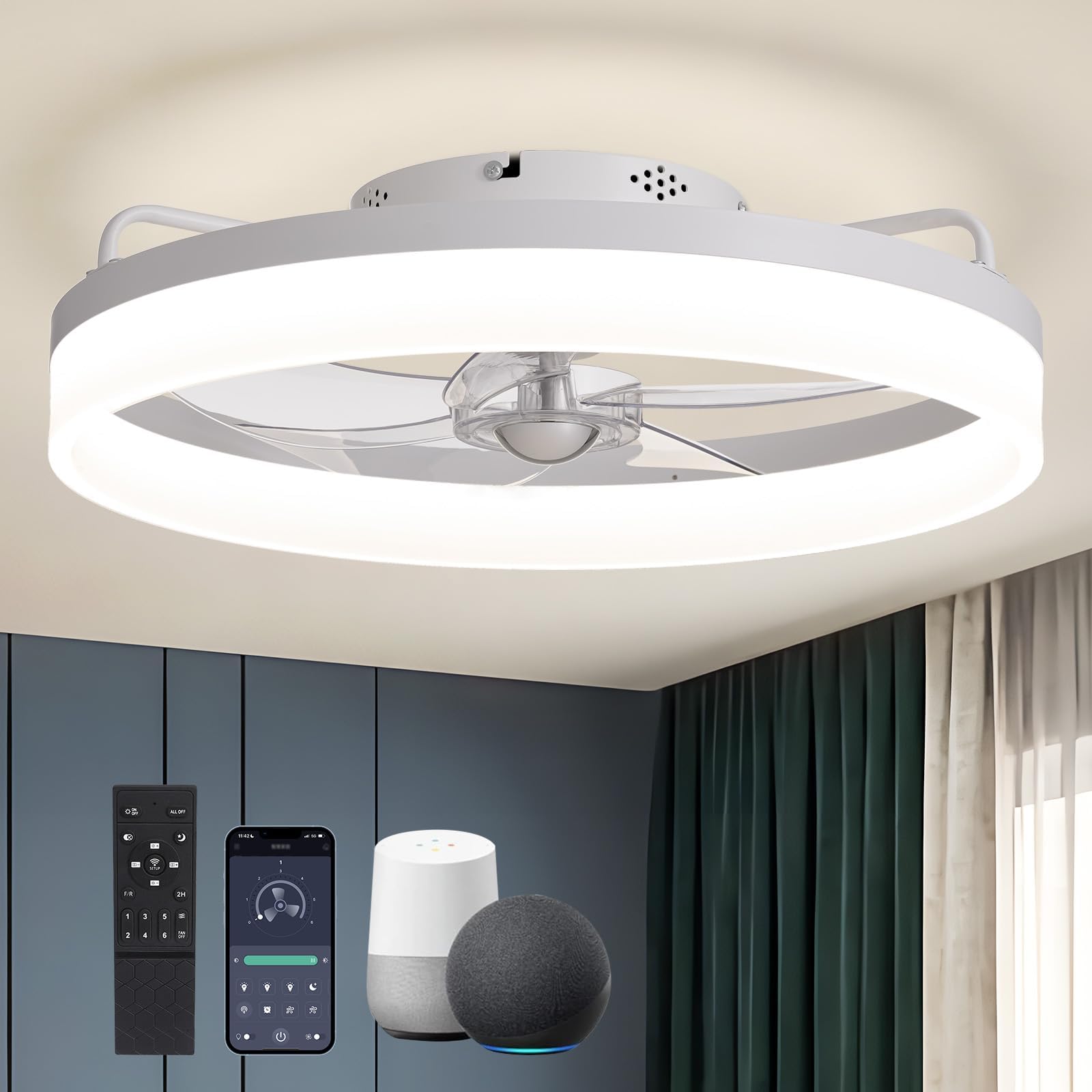 SILJOY LL-6001WH-02 Flush mount Ceiling Fan with Light and Remote Control Include
