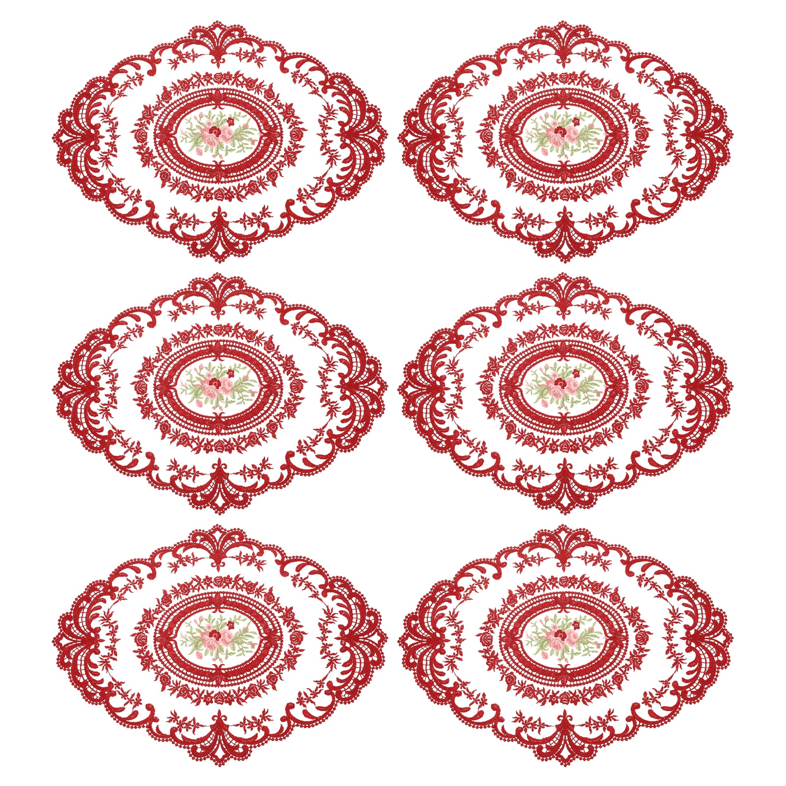 Unique Bargains 6pcs Retro Lace Placemat 12x16-in Oval Embroidered Table Place Mats French Crochet Doilies Coasters Cup Mat for Home Wedding Red #S26042300UX5010