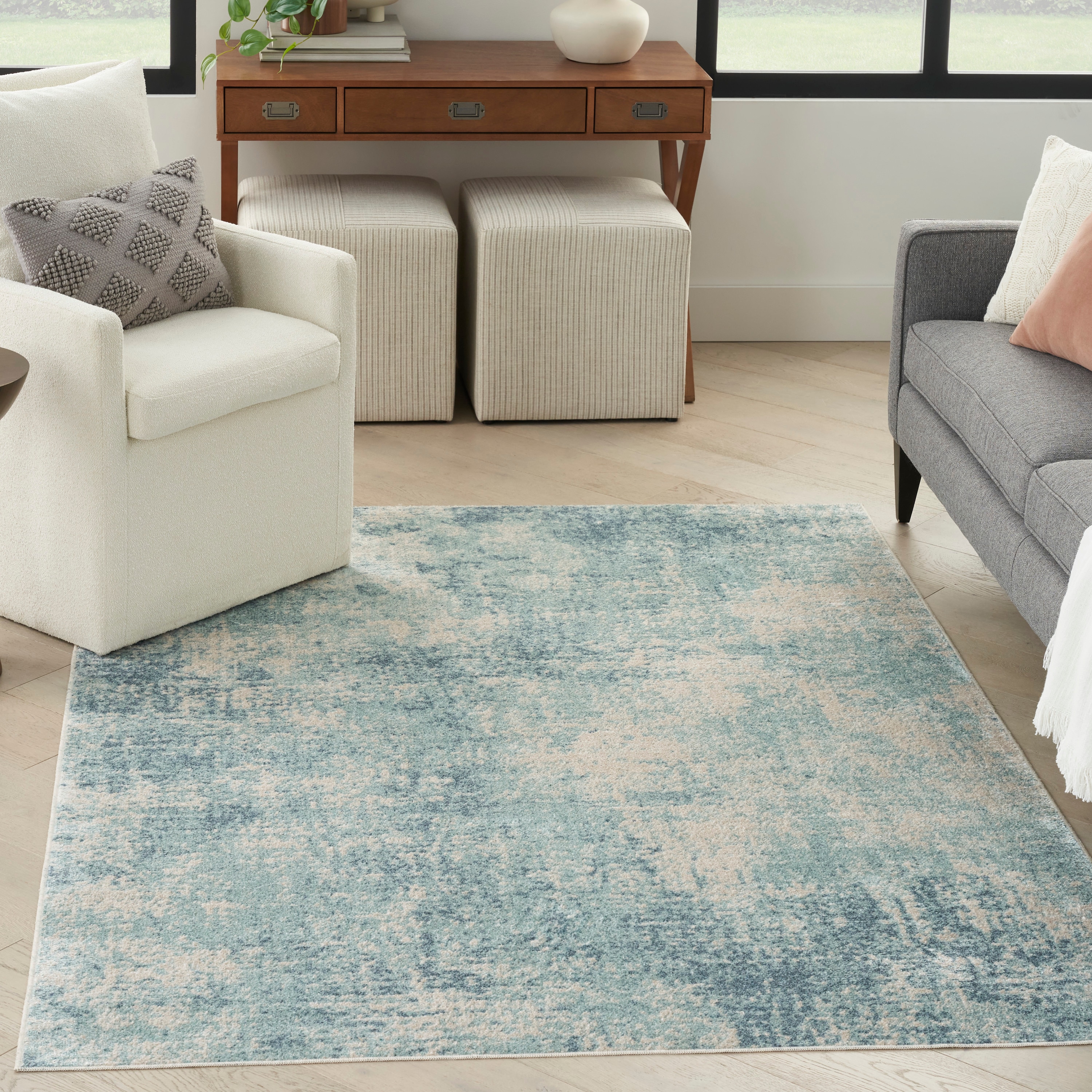 Nourison Home 099446944184 Astra Machine Washable 4 x 6 (ft) Loomed Polyester Blue Ivory Rectangular Indoor Abstract Mid-Century Modern Machine washable Area rug