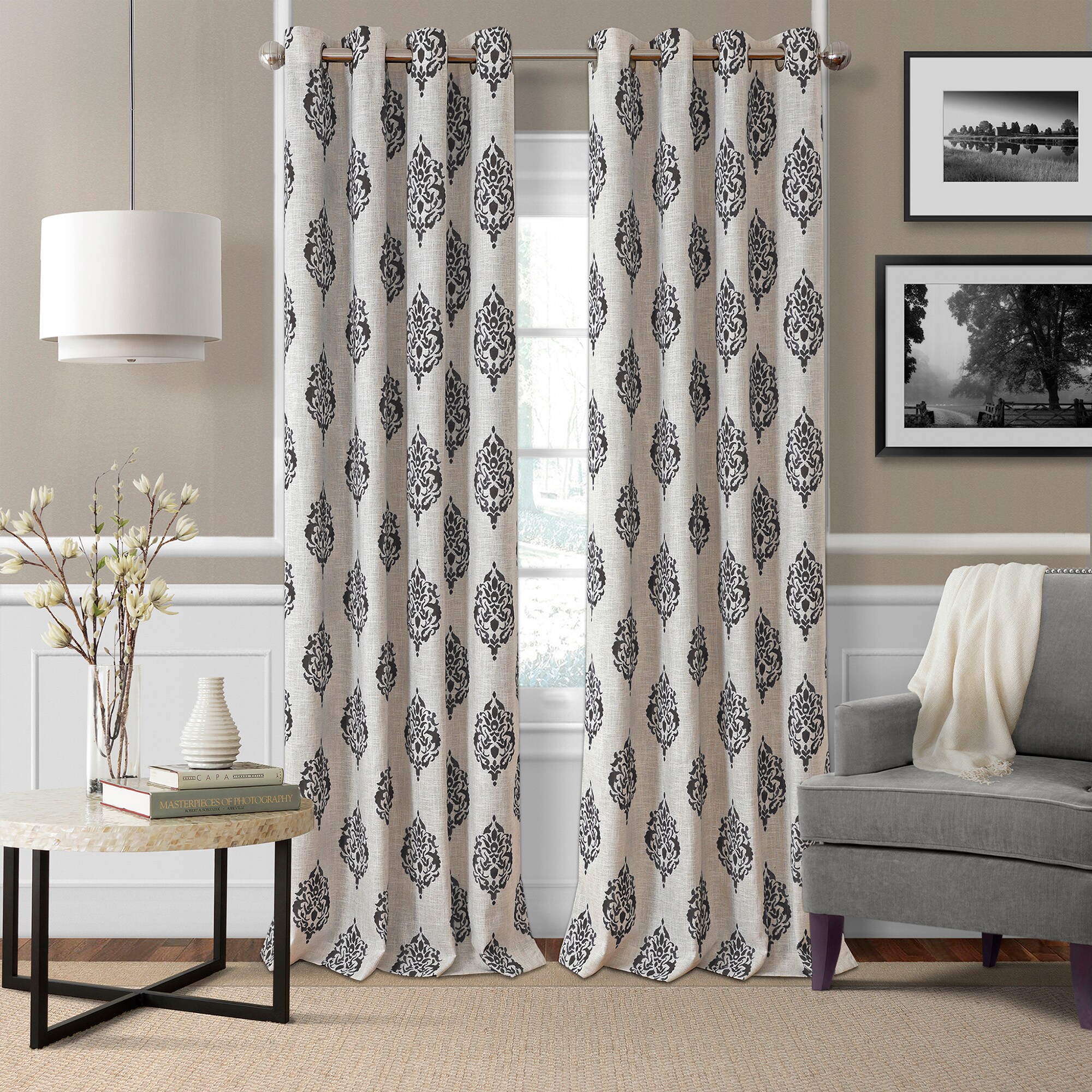 Black and Off-White Medallion Print Blackout Grommet Curtains